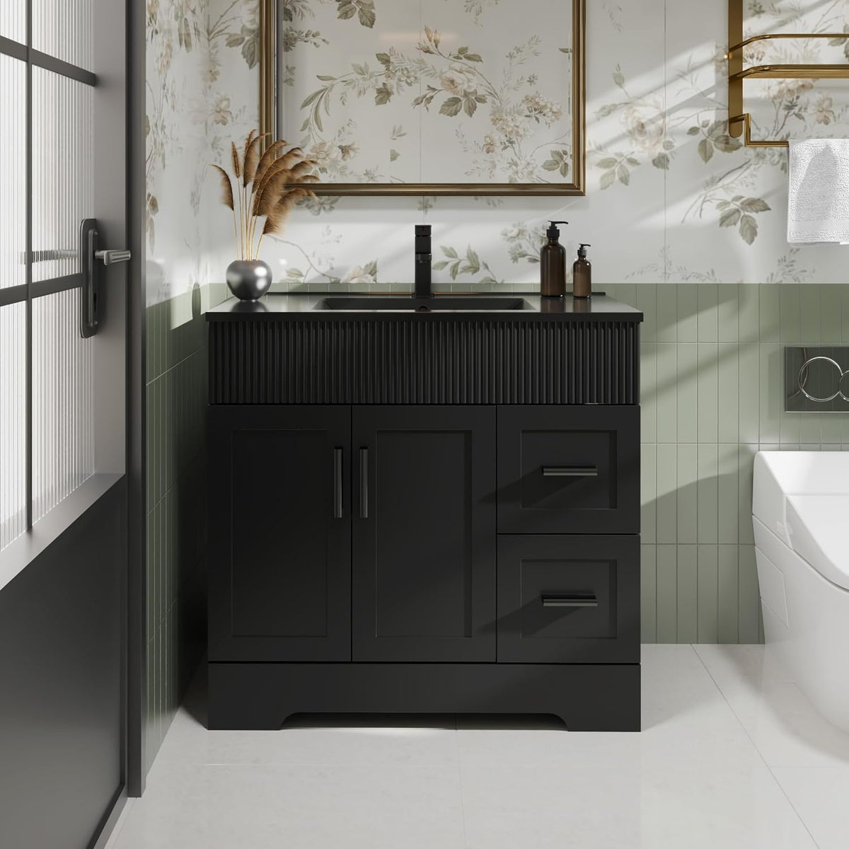 Matte black vanity with black undermount sink, ribbed front panel and two cabinet doors