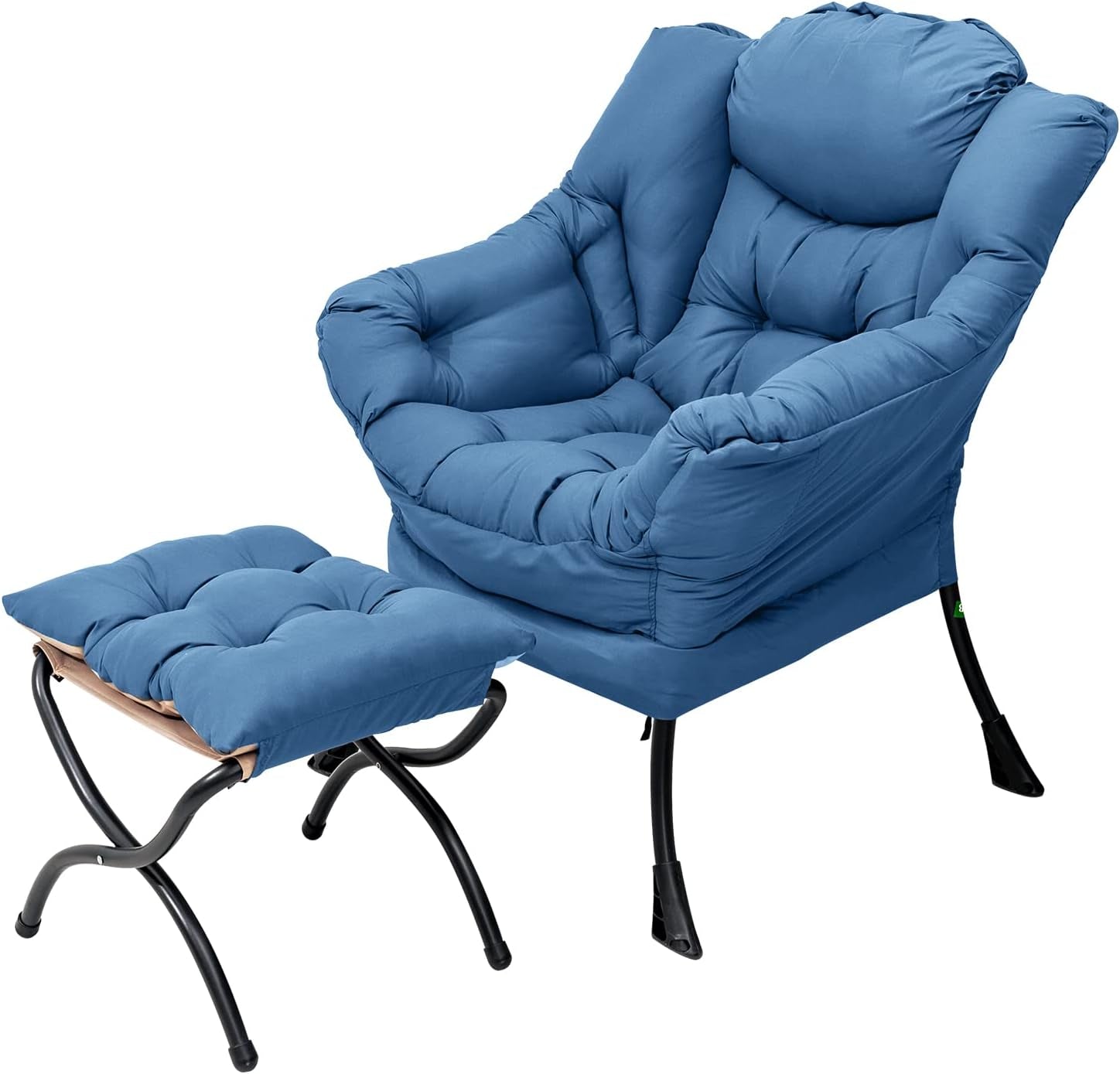 Plush padded lounge chair in bright blue with matching ottoman on curved black metal legs.