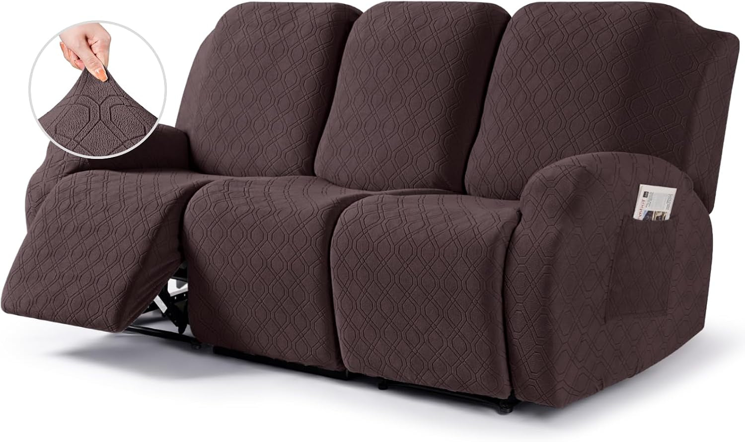 Three-seat recliner covered in a dark charcoal textured slipcover, left footrest extended and pocket on right arm