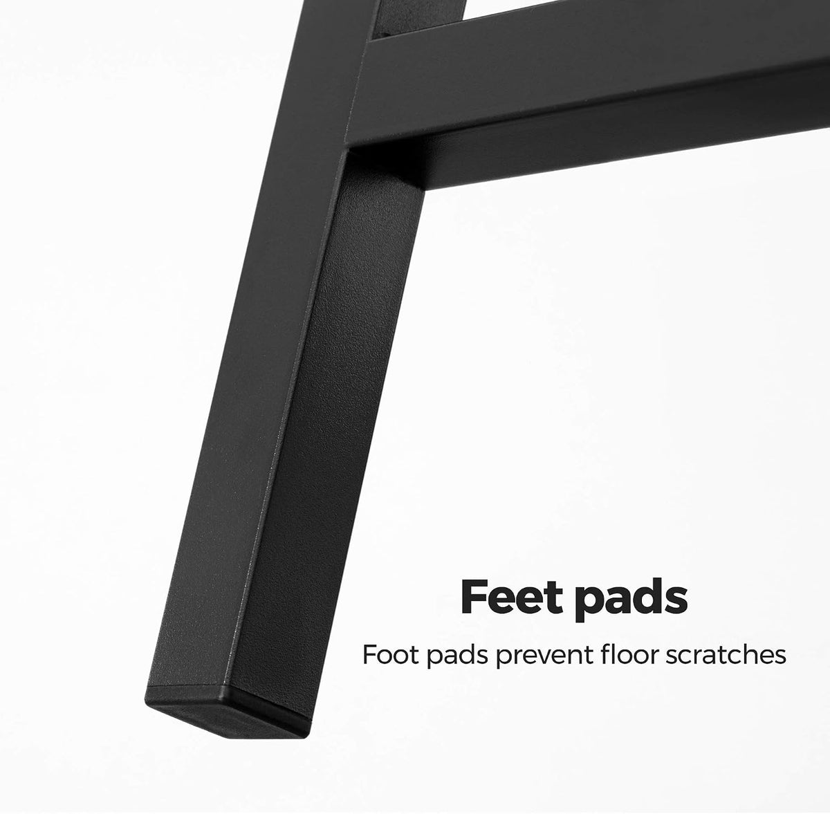 Close-up of a black metal leg showing a square foot pad at the bottom