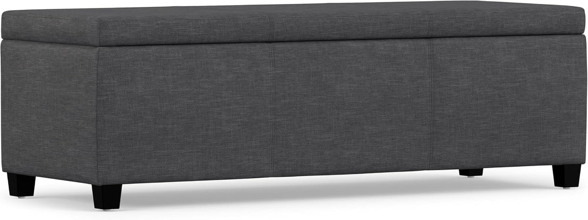 Full front view of a rectangular slate-gray storage ottoman on low black legs.