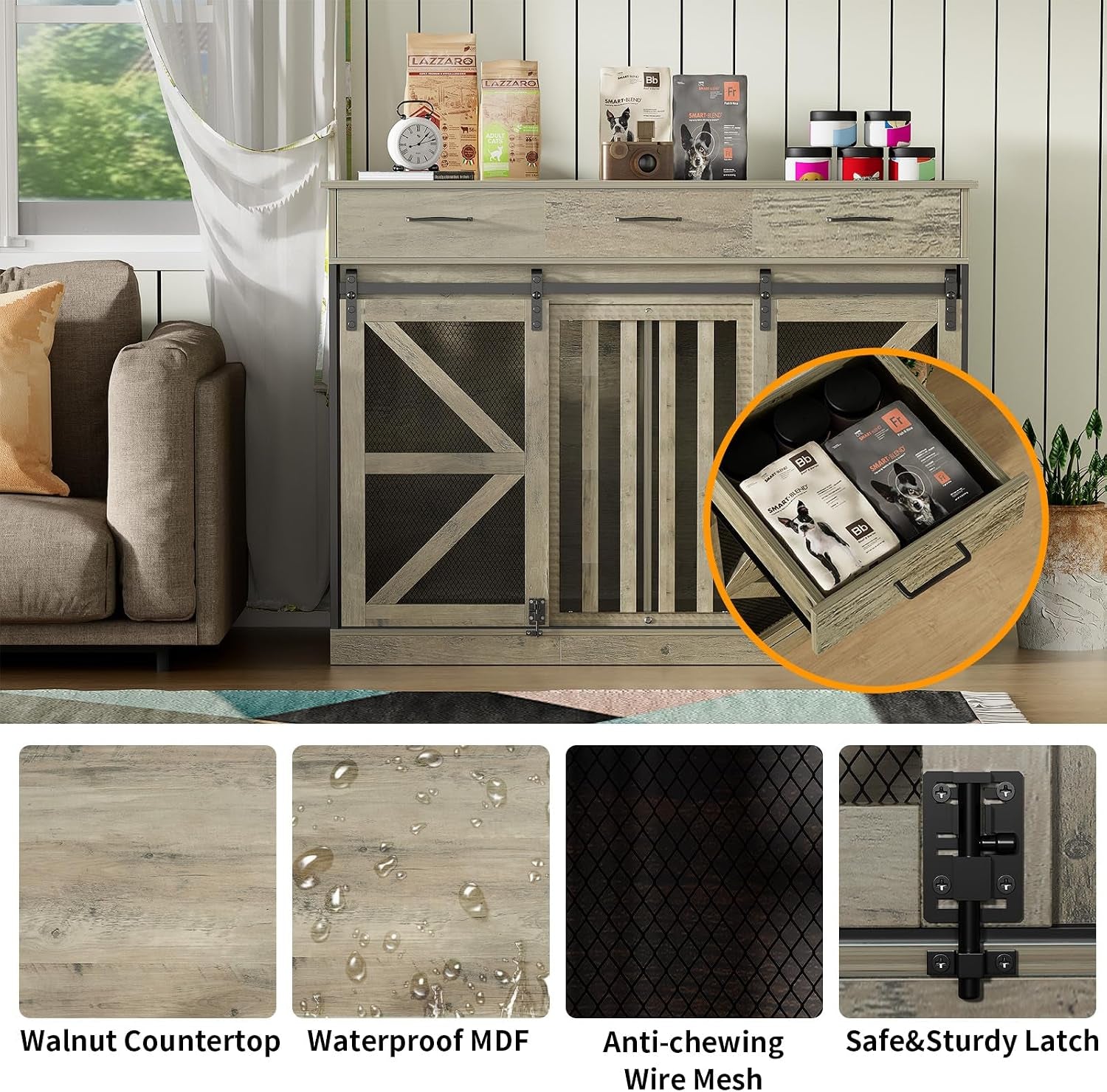 Grey dog crate console styled as a console table with inset close-up of an open drawer and material icons