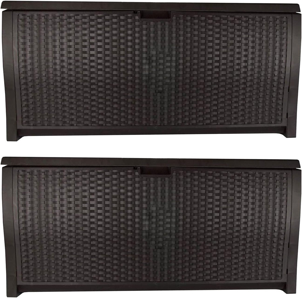 Pair of horizontal front views of a dark brown wicker-effect deck box showing woven panels and recessed lid handle.