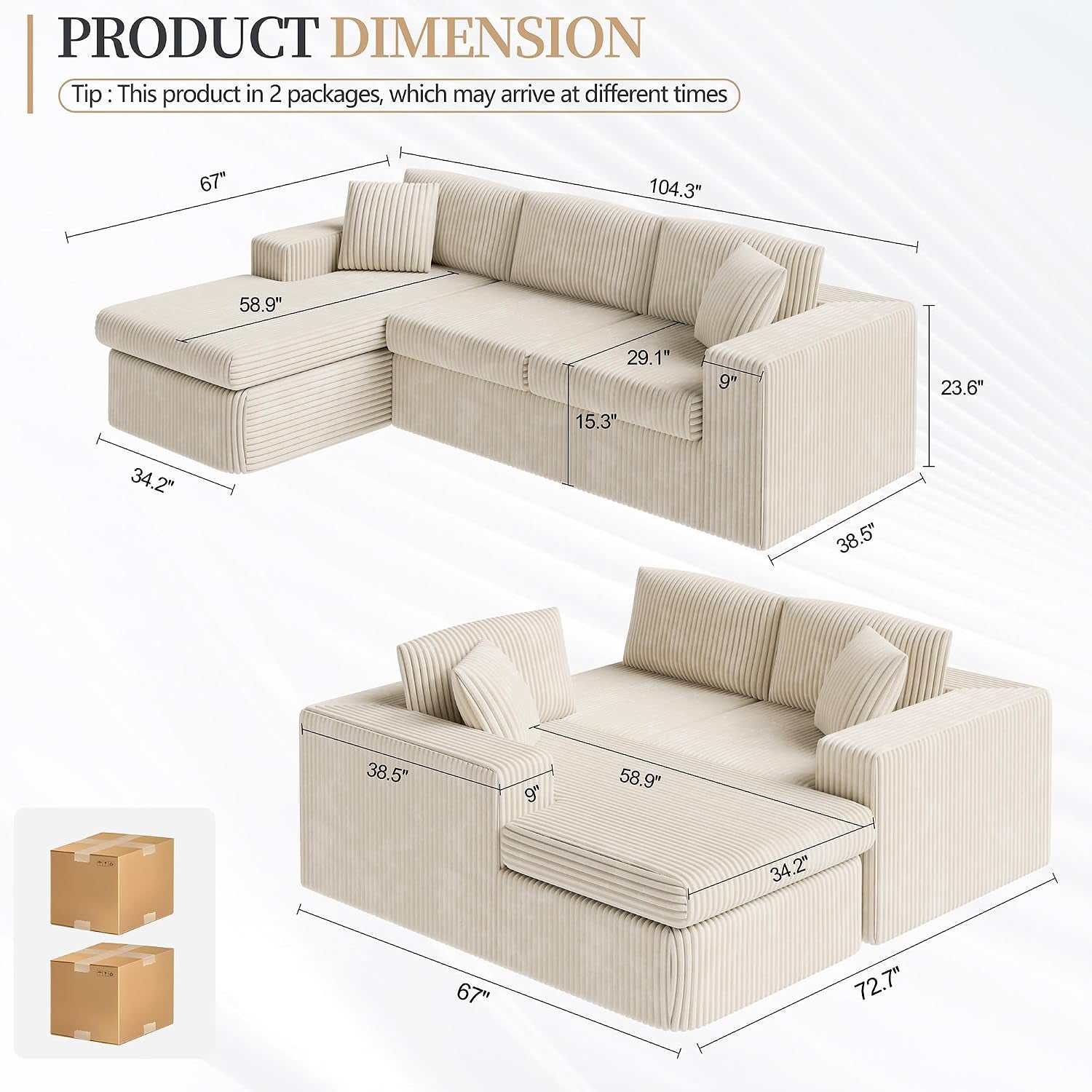 105" Boneless Couches for Living Room, Sectional Couches Modular Sofa with L-Shaped Chaise, Memory Foam Comfy Cloud Couch with Plush Corduroy Fabric, No Assembly Required, (Beige)