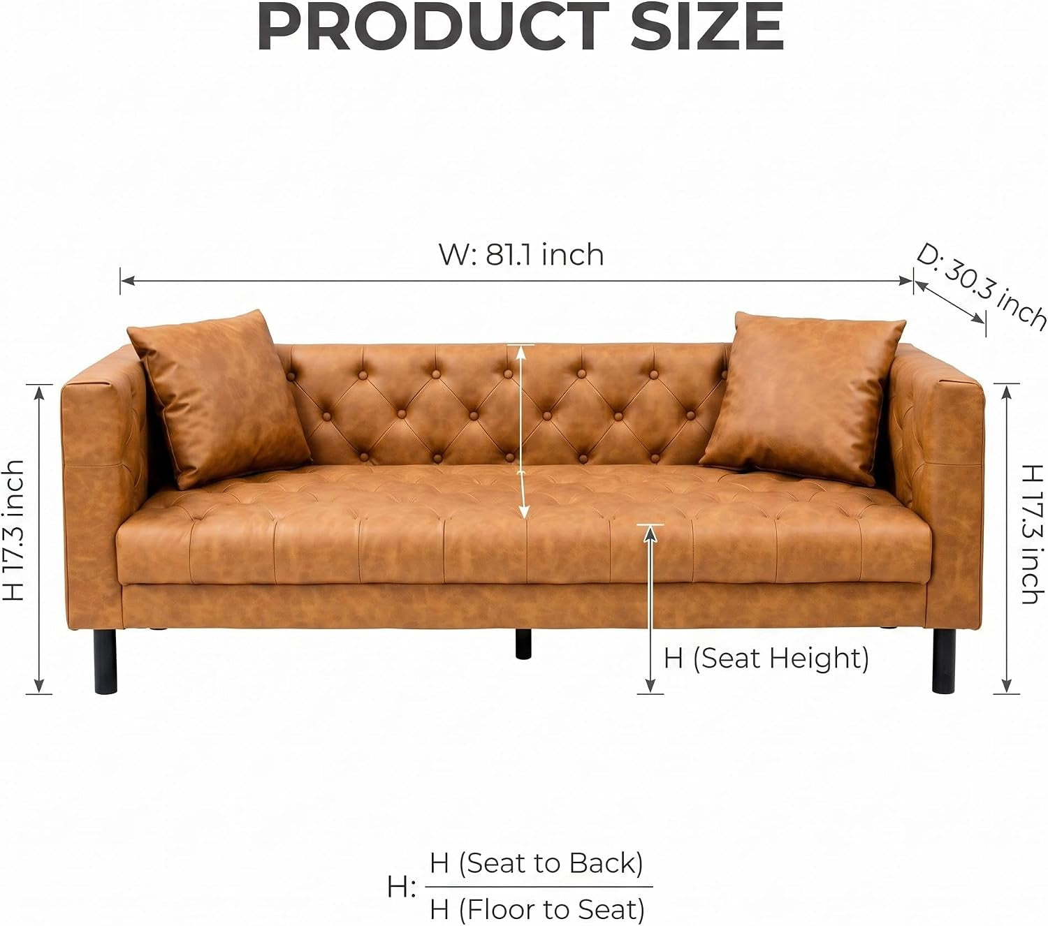 front view diagram of tufted PU leather sofa with dimension callouts showing 81.1 inch width