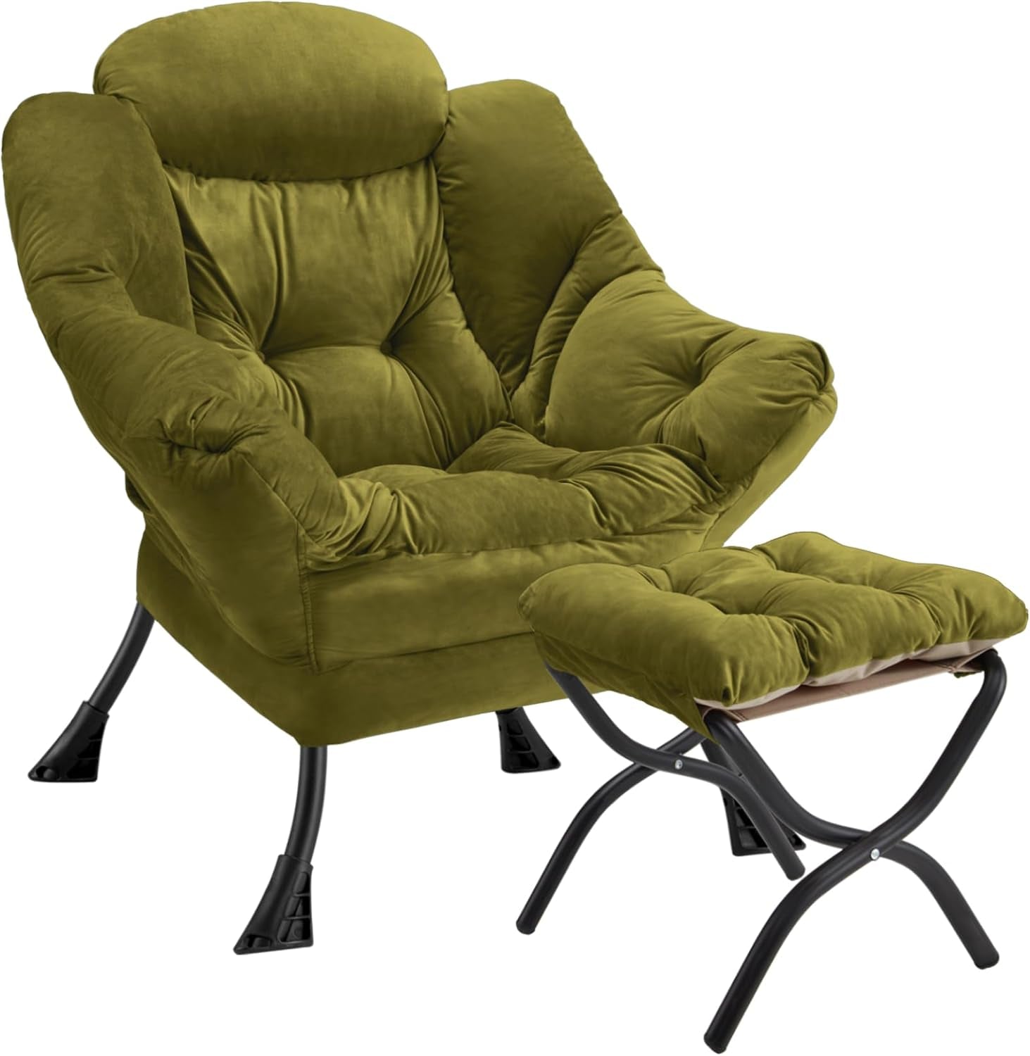 Olive green plush folding lounge chair with cushioned ottoman and tubular black frame