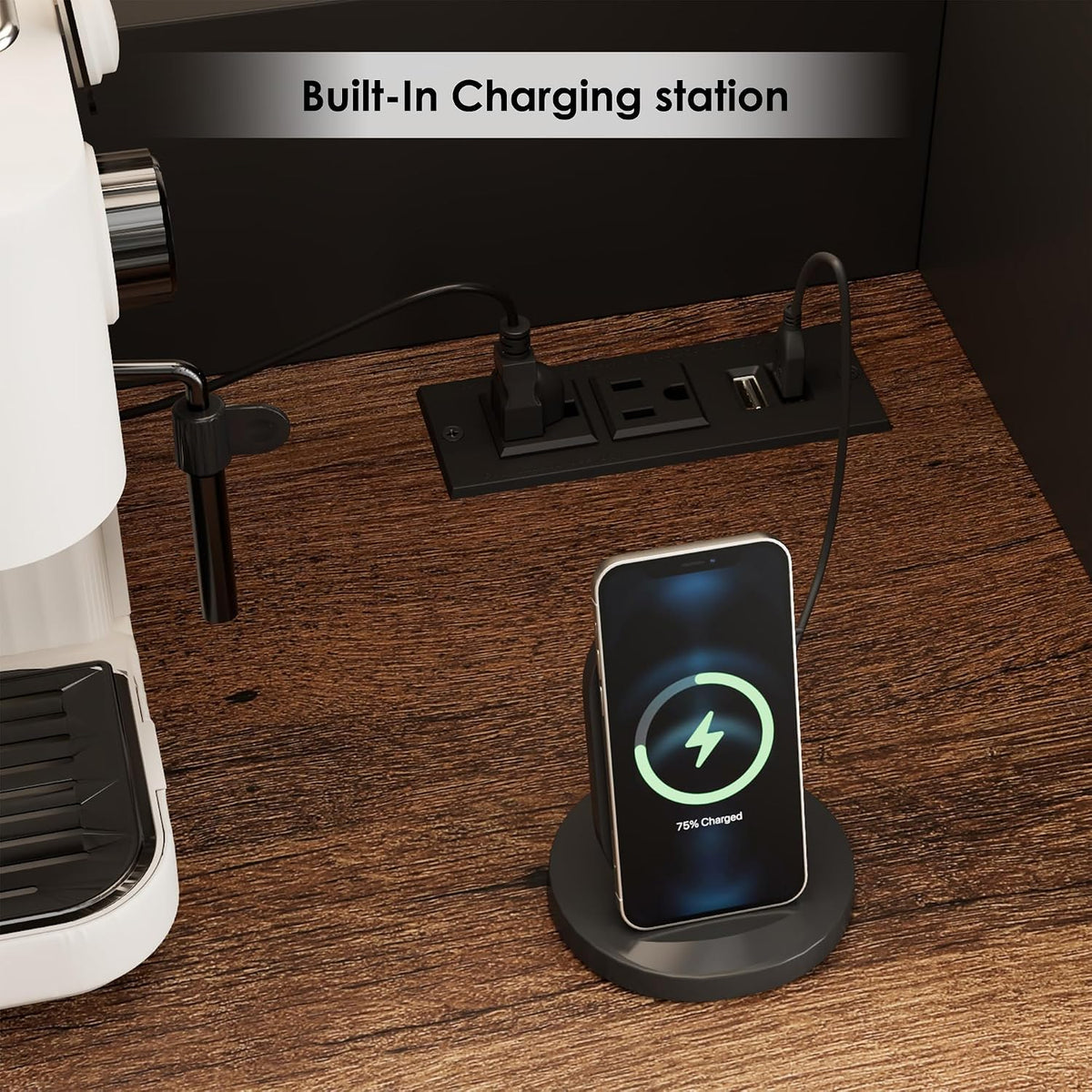 Countertop close-up showing built-in charging station with two AC outlets and two USB ports and a charging phone