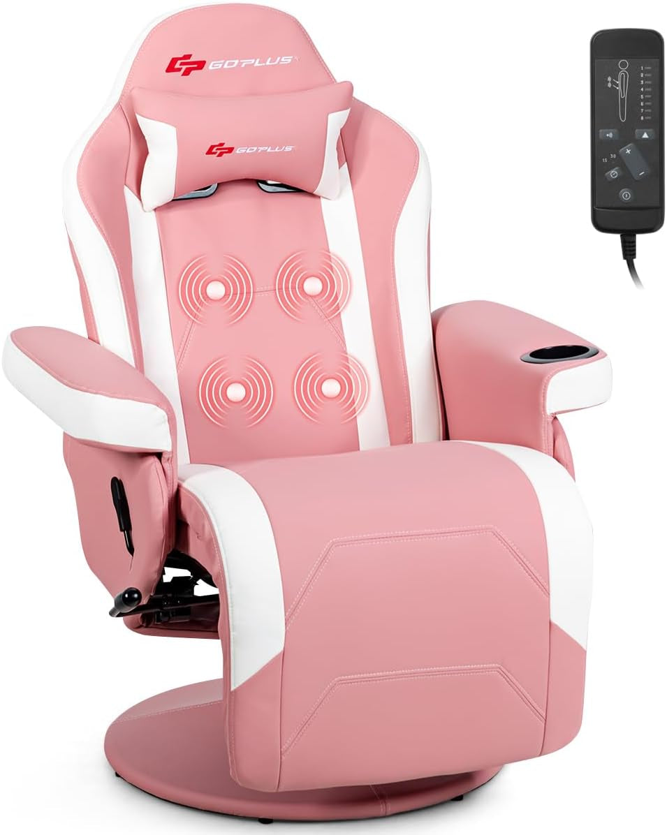 Pink and white gaming recliner shown upright with controller remote at right