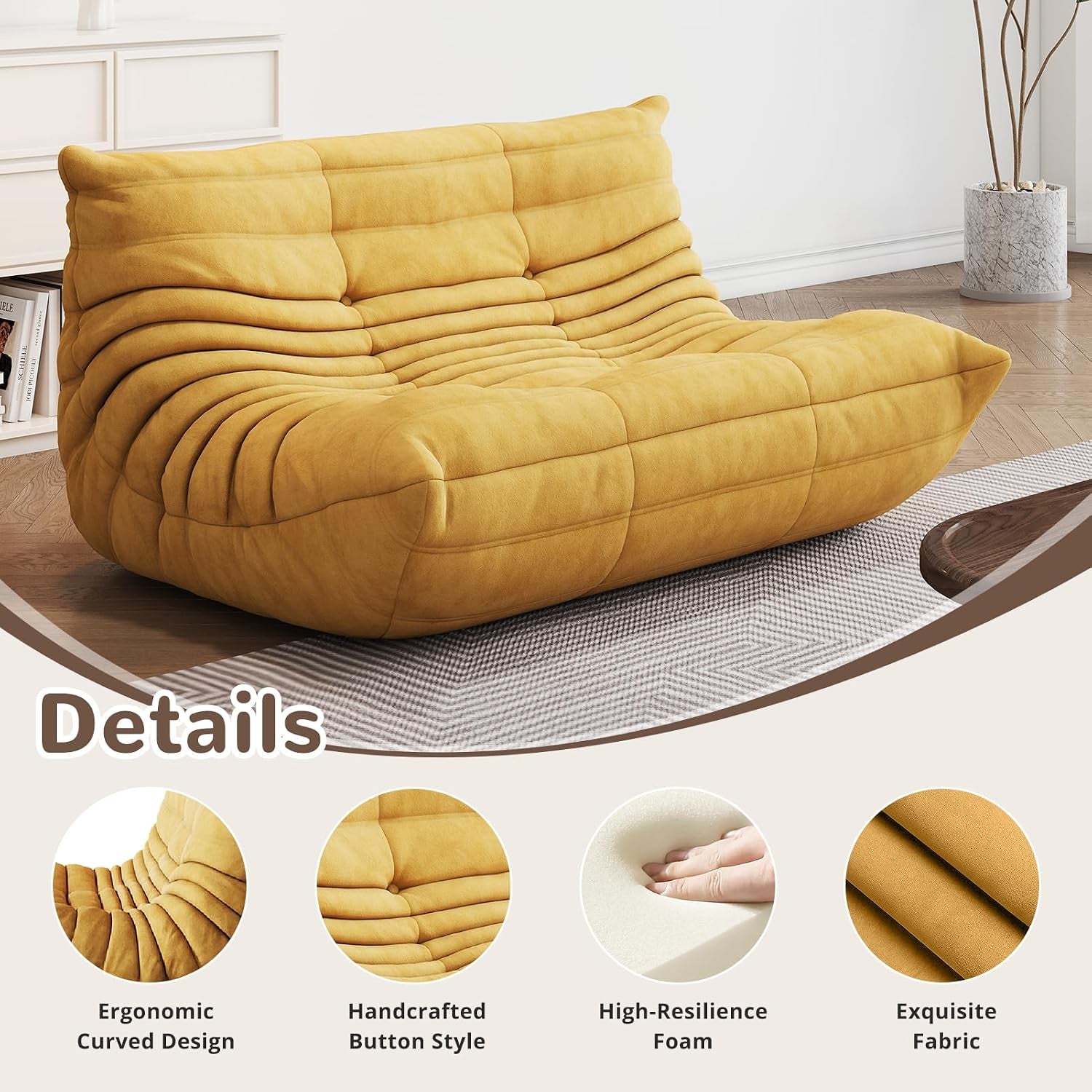 Bean Bag Chair - Corner Sofa, Fireside Chair Bean Bag Sofa Large Bean Bag Chair for Adults,Fireside Floor Couch for Living Room, Bedroom, Gaming (Yellow, Single) (Yellow, Loveseat)