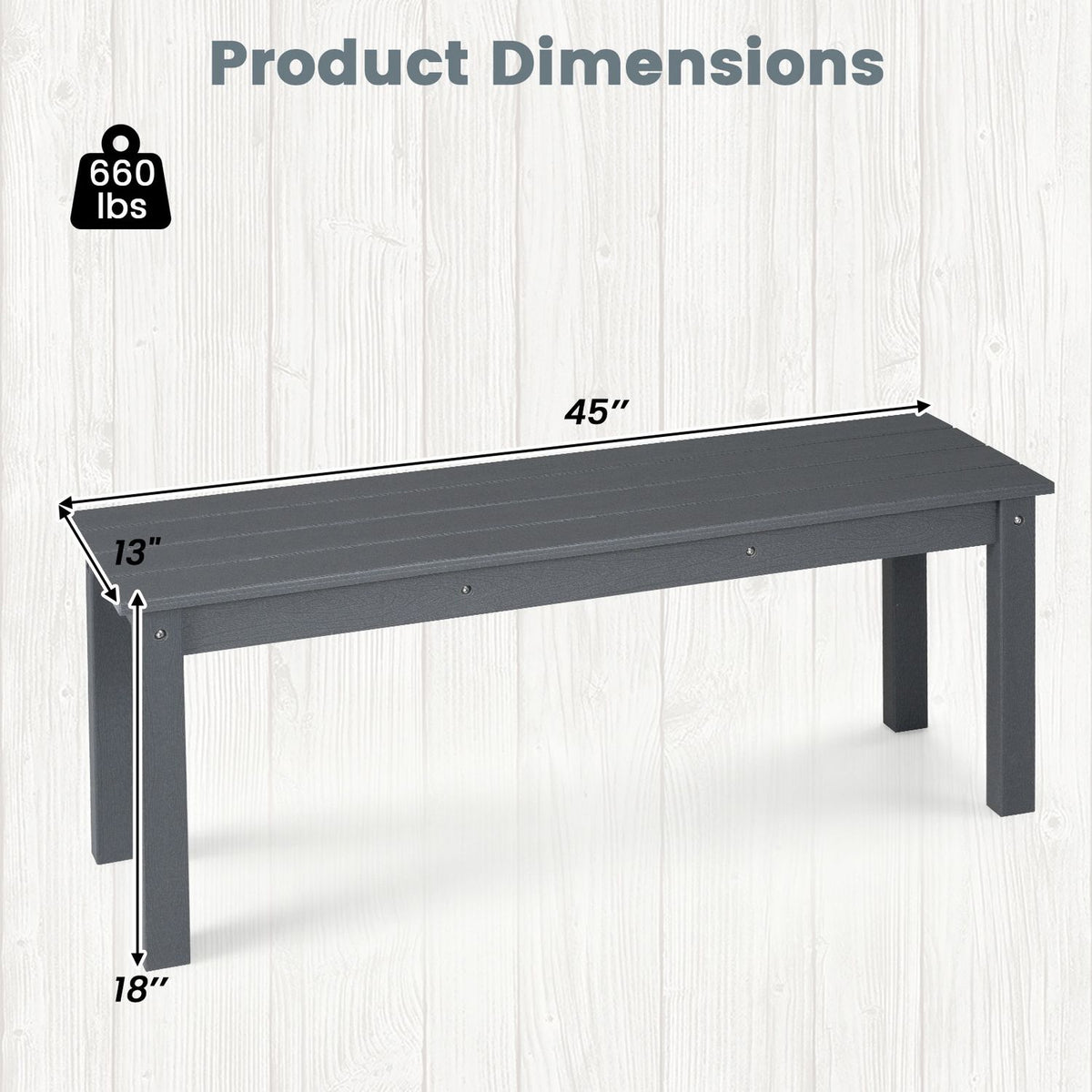 Dark gray bench diagram with arrows marking its length, depth, height, and weight capacity.