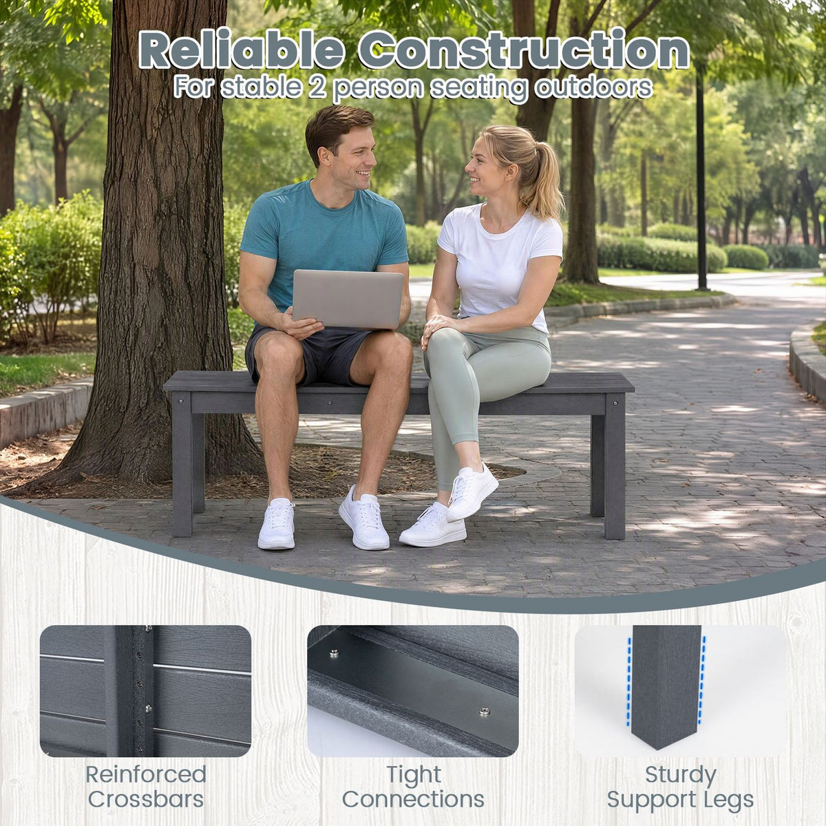 Two people sit on a dark slatted bench outdoors; inset photos show its crossbars, fasteners, and legs.
