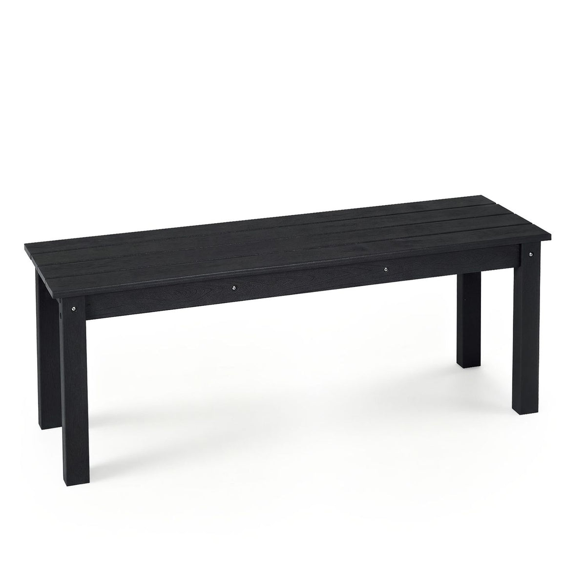 Black slatted bench shown alone against a plain white background.