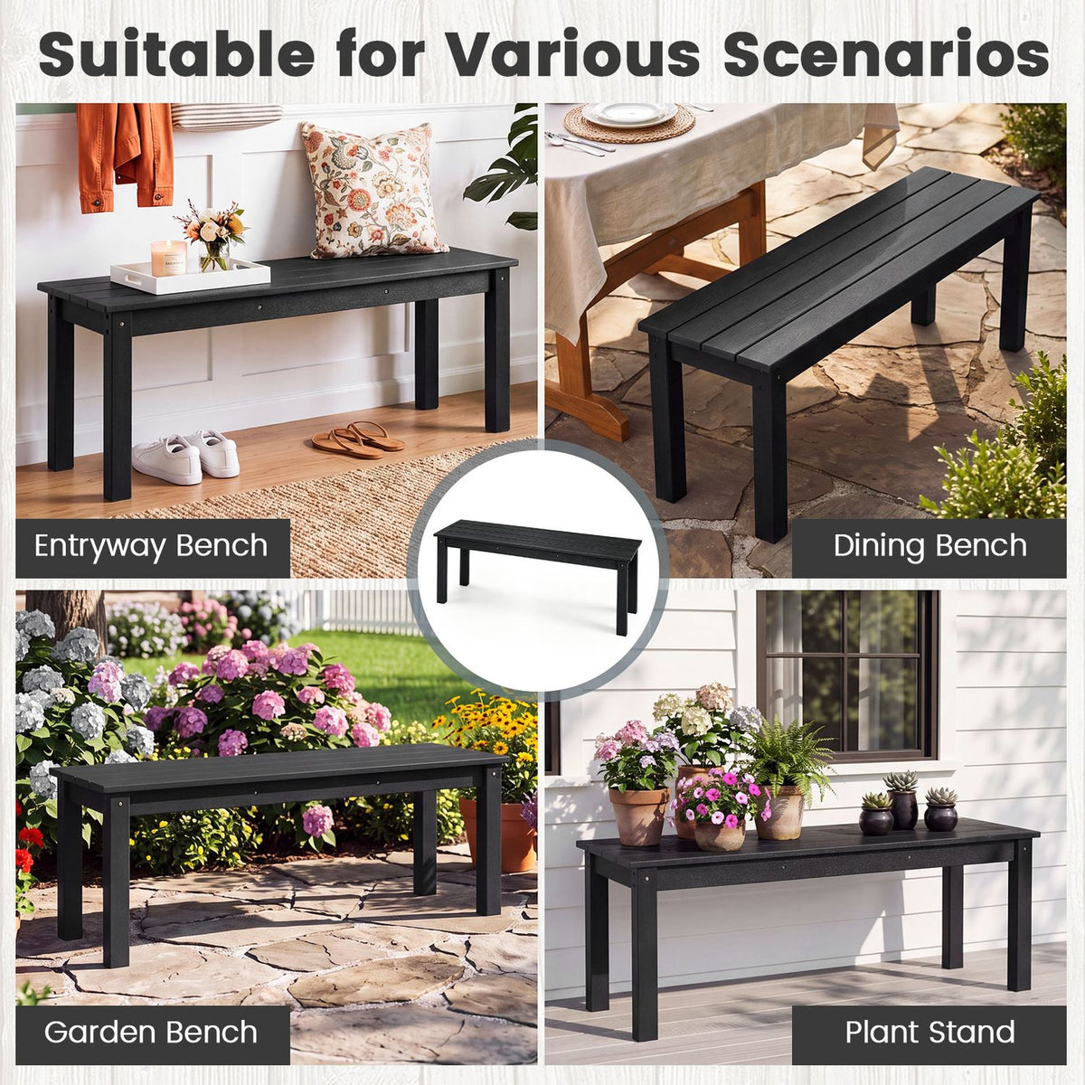 Collage showing the black bench used in an entryway, beside a dining table, in a garden, and as a plant stand.
