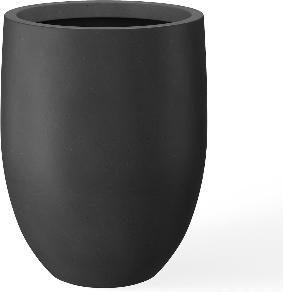 Three-quarter side view of a tall dark charcoal planter on a white background