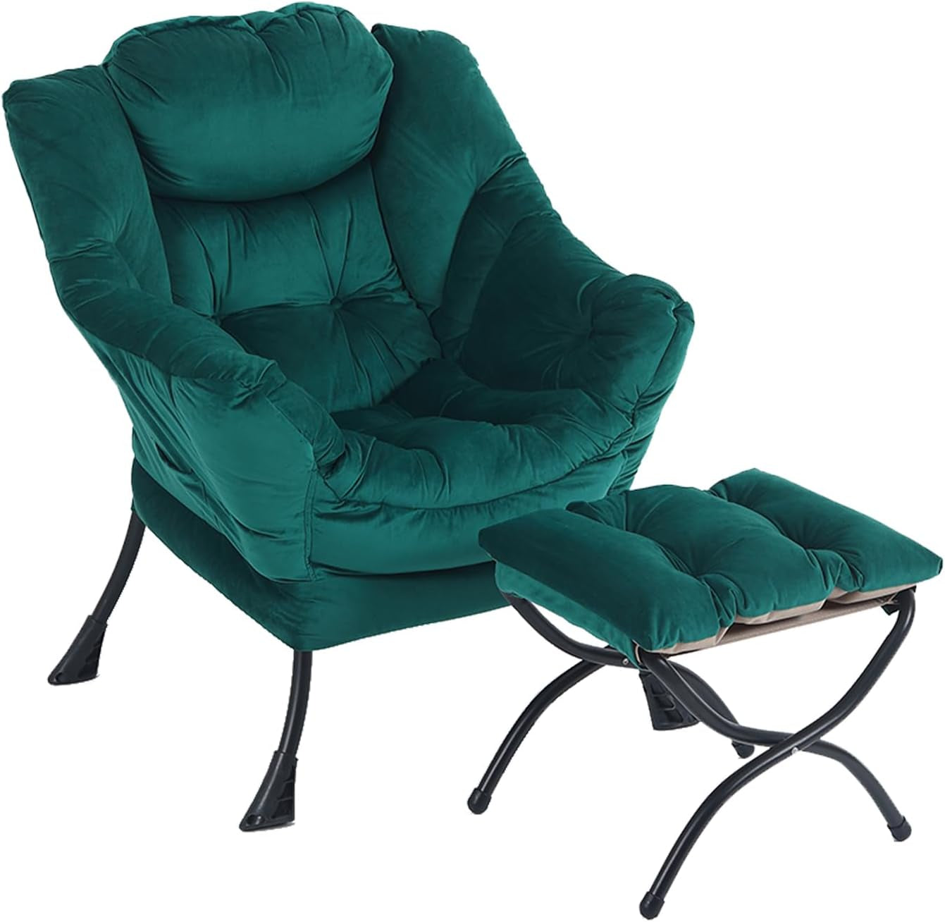Plush green upholstered lounge chair with matching cushioned foldable ottoman on black metal legs