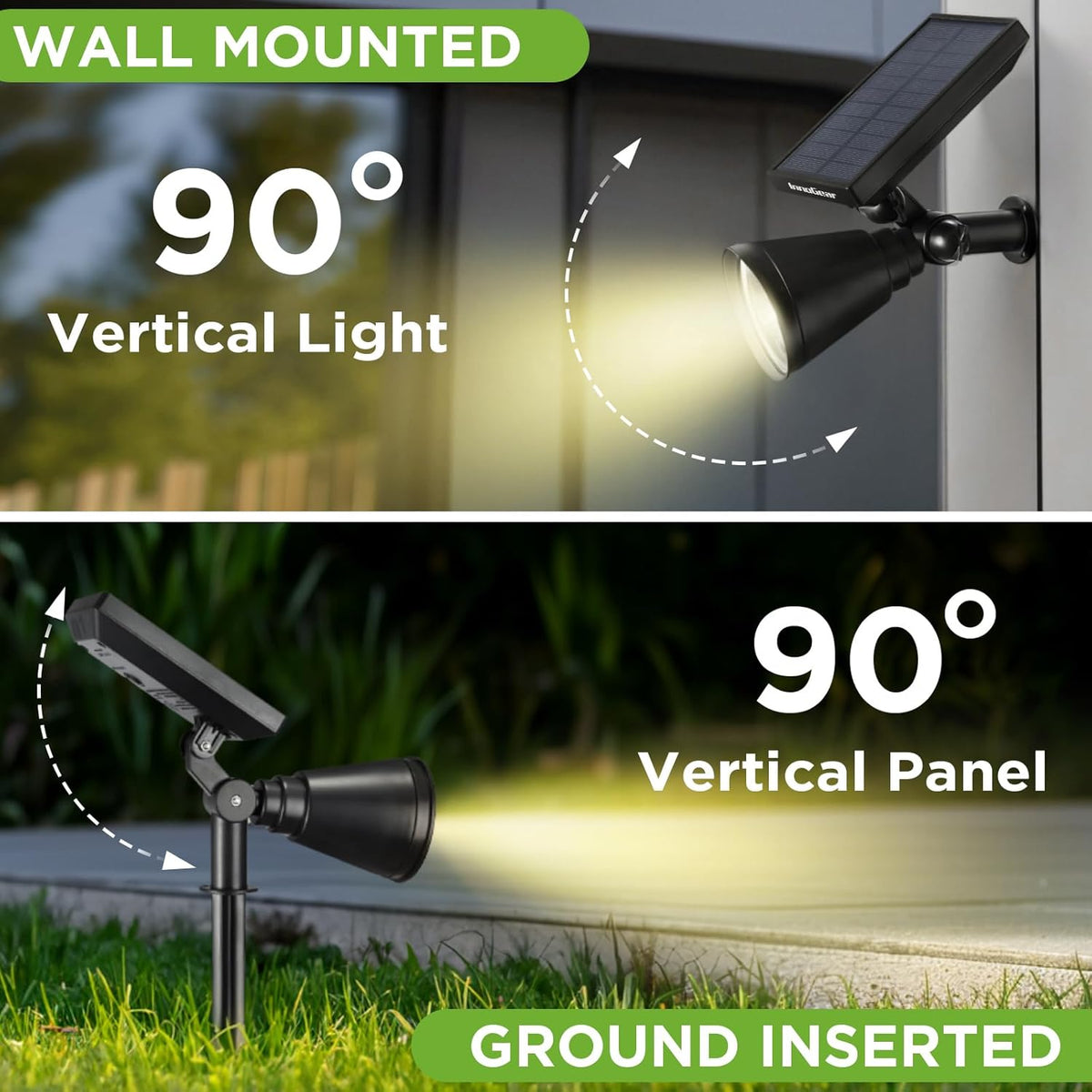 Solar spotlight displayed wall mounted and ground inserted to show 90° adjustable panel and light head