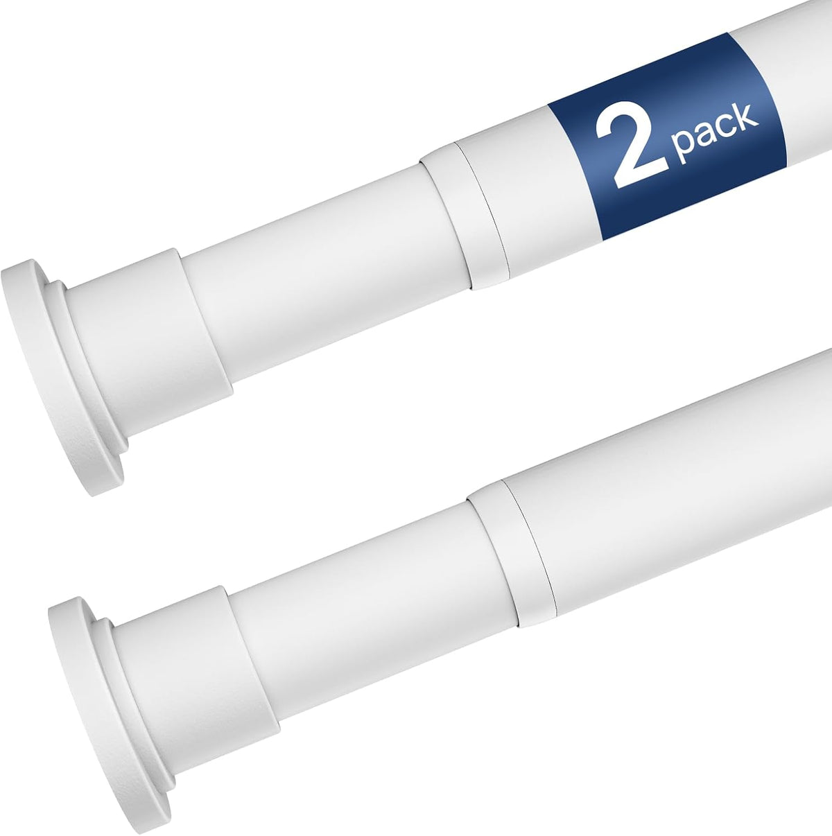 Angled close-up of two white telescoping rods showing smooth tube joins and round endcaps, '2 pack' label visible