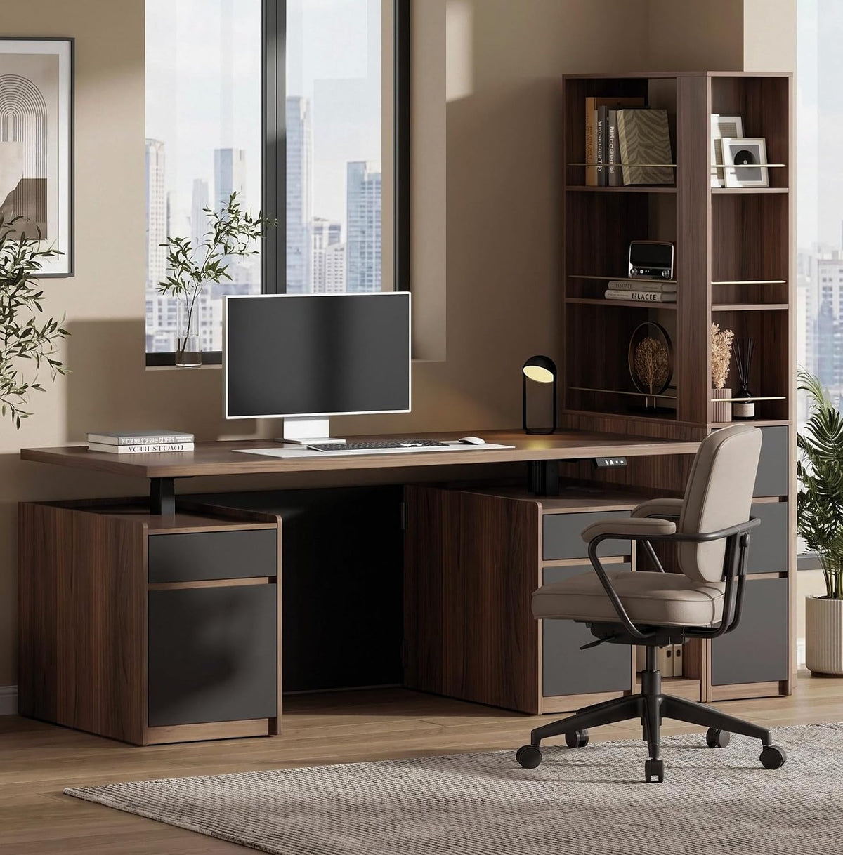 Front view of walnut 71-inch height-adjustable desk with matching narrow bookcase and an office chair in a bright room