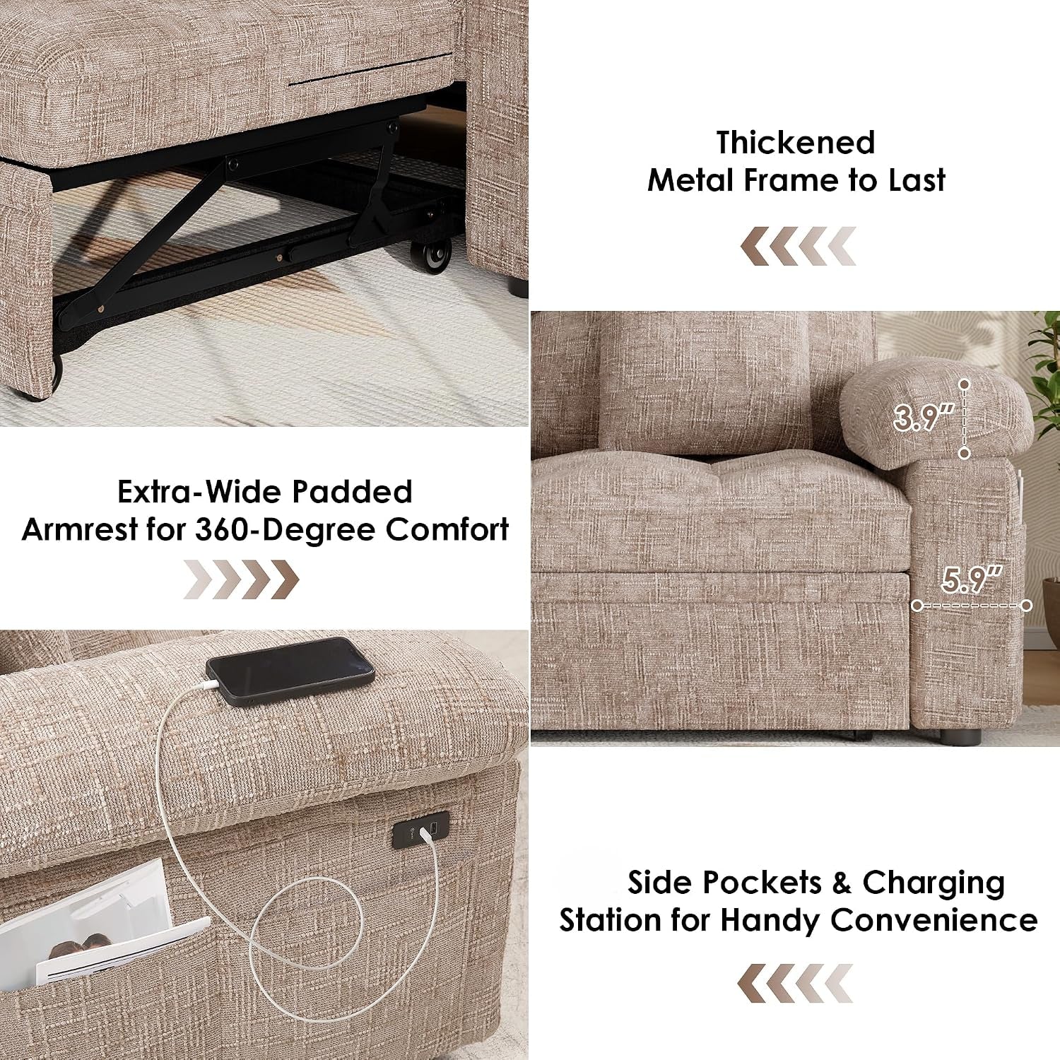 Close-up collage of the loveseat's metal frame, padded armrest with side pocket, and a phone charging via a USB port on the