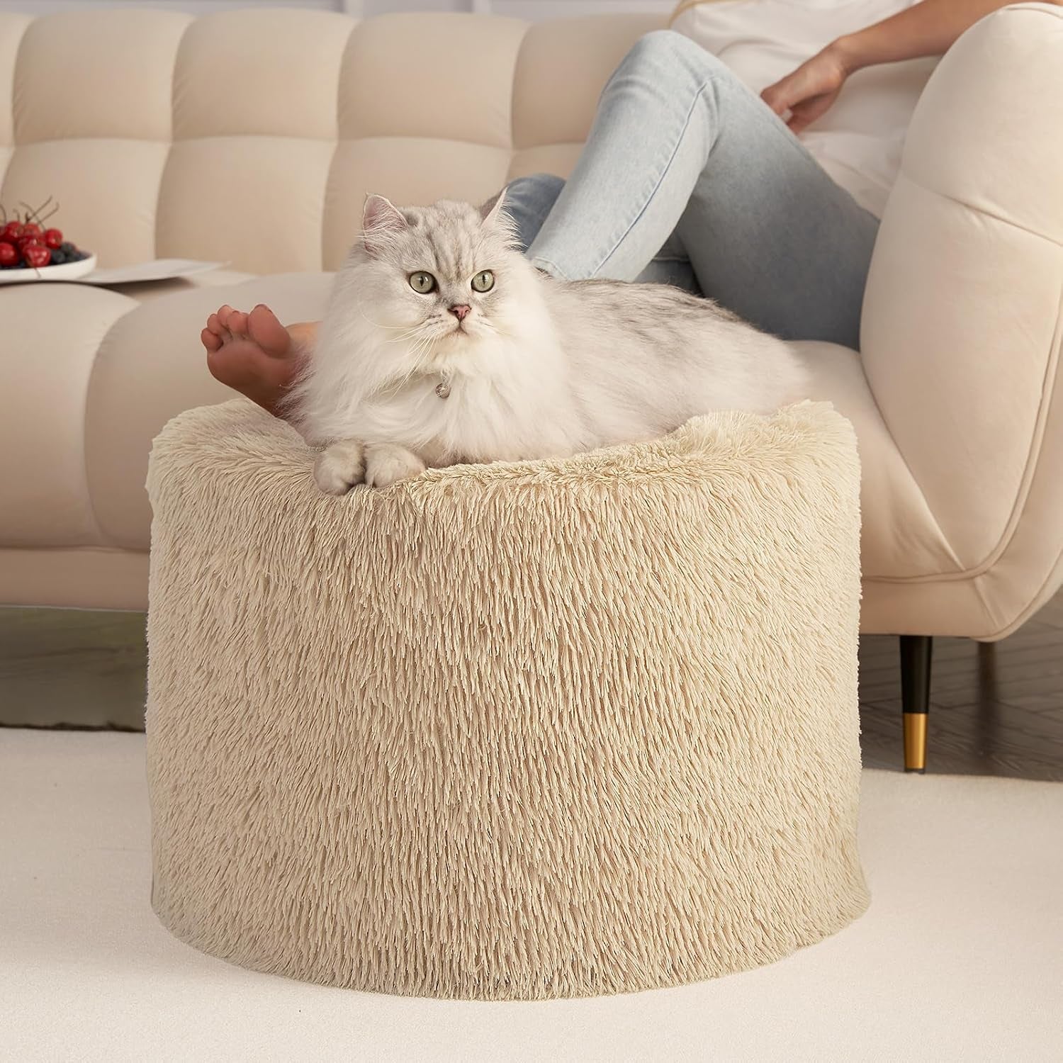 Round beige shag pouf ottoman with a long-haired white cat on top and a person lounging on a cream sofa behind it