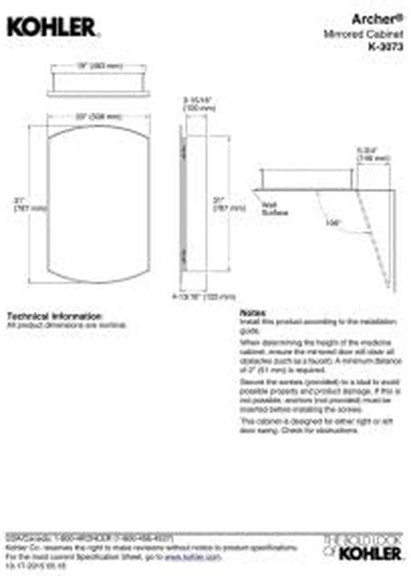 Technical line drawing and schematic showing front and side profiles with dimensions for the arched cabinet