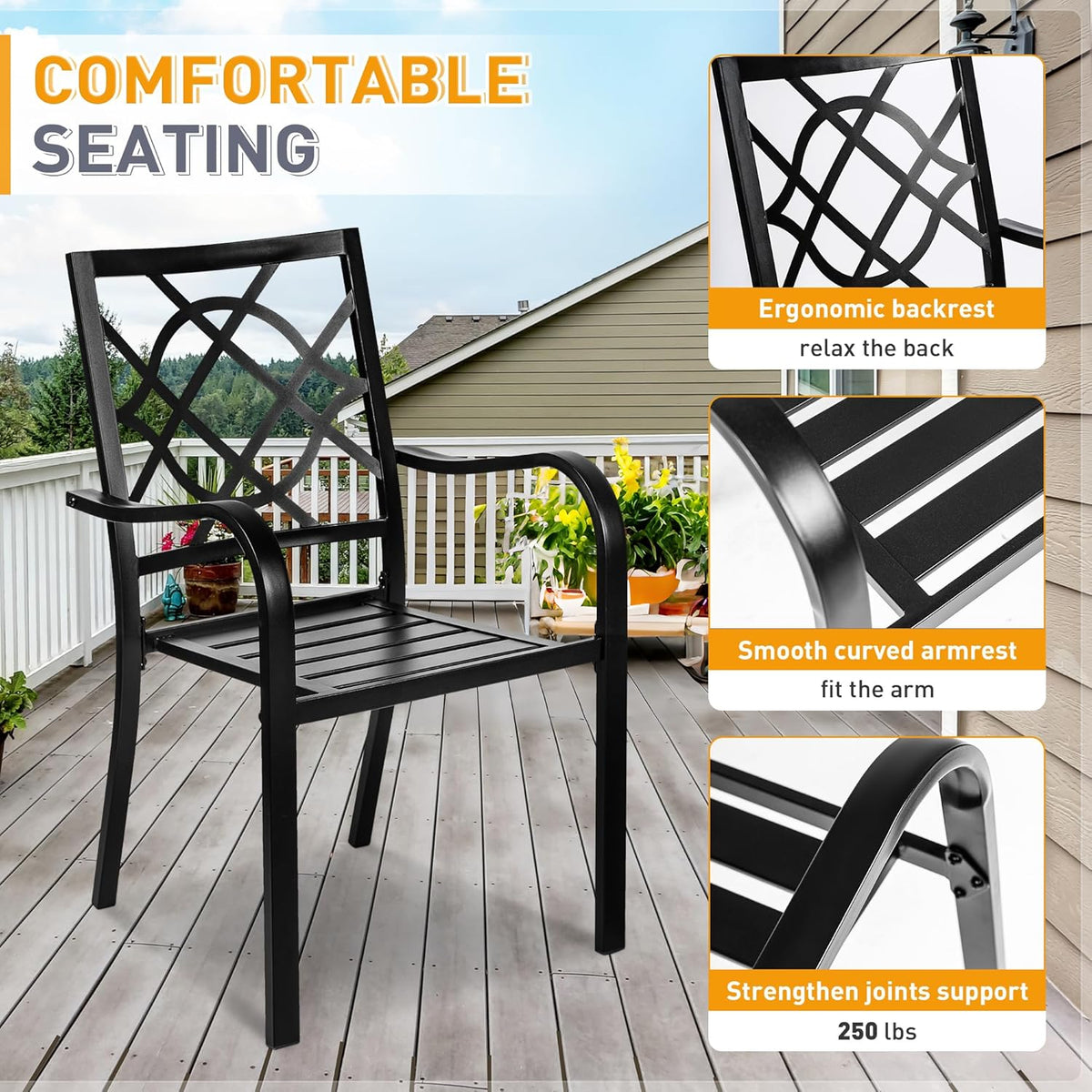 Single black chair shown upright on a deck with inset close-ups of backrest, armrest and joint
