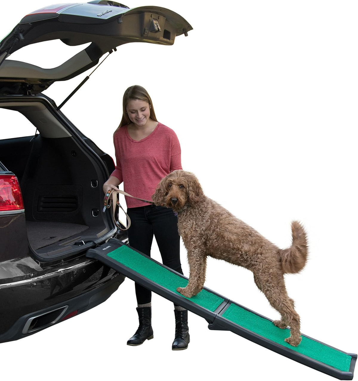 Curly brown dog ascending a green-carpeted bi-fold pet ramp into an open SUV trunk with a person nearby