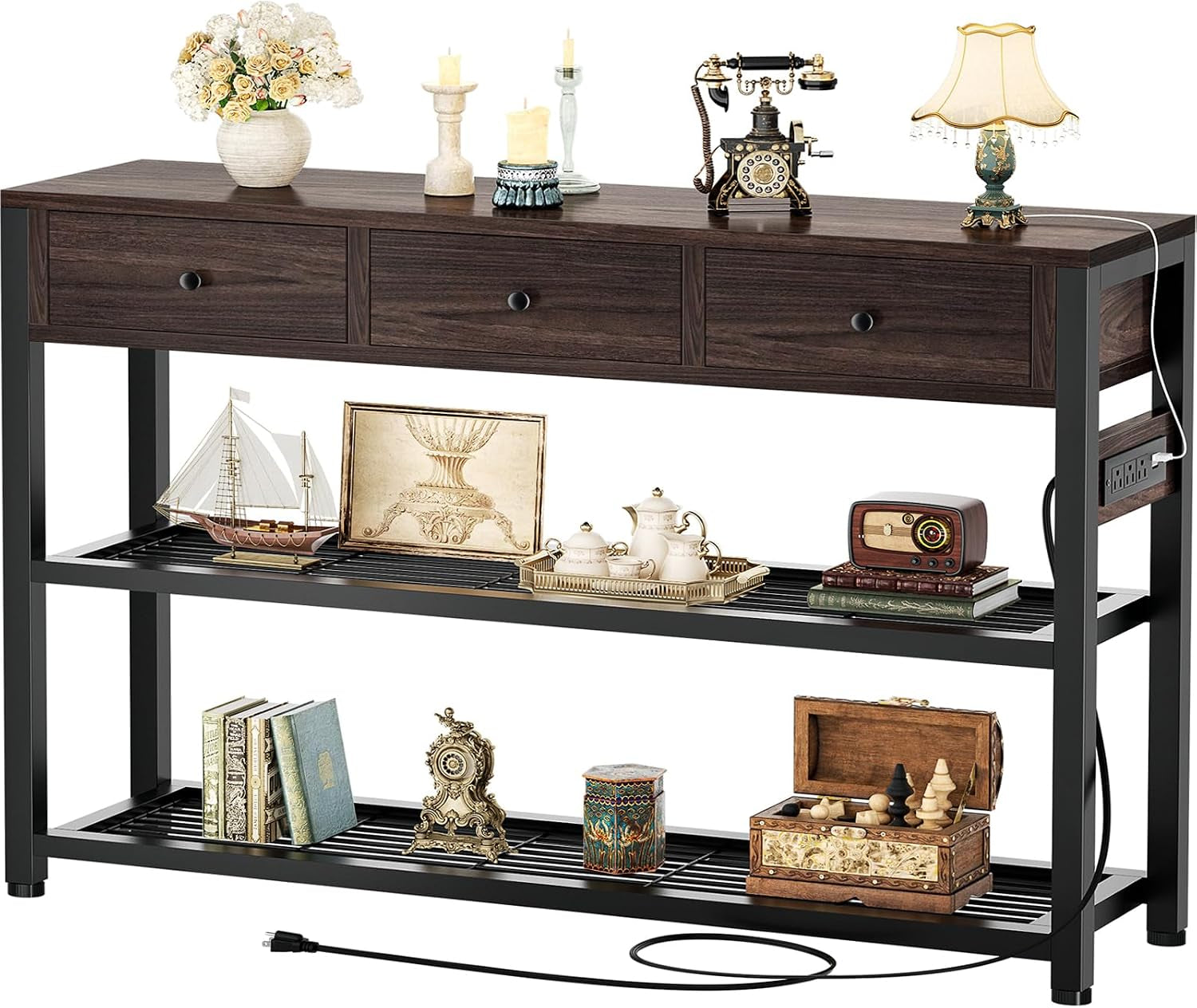 Console table in dark grey wood finish with black metal frame, styled with vintage decor and a coiled power cord.