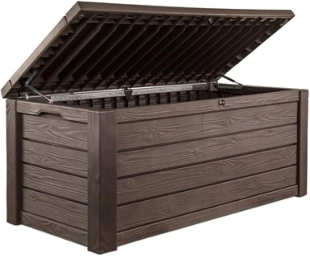 Wood-textured brown resin deck box with lid open, angled view showing interior and lid supports