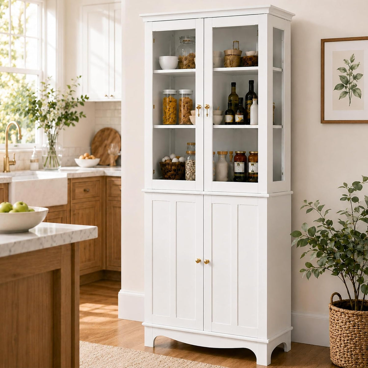 White china cabinet staged in a sunlit kitchen with glass upper doors displaying jars and bottles