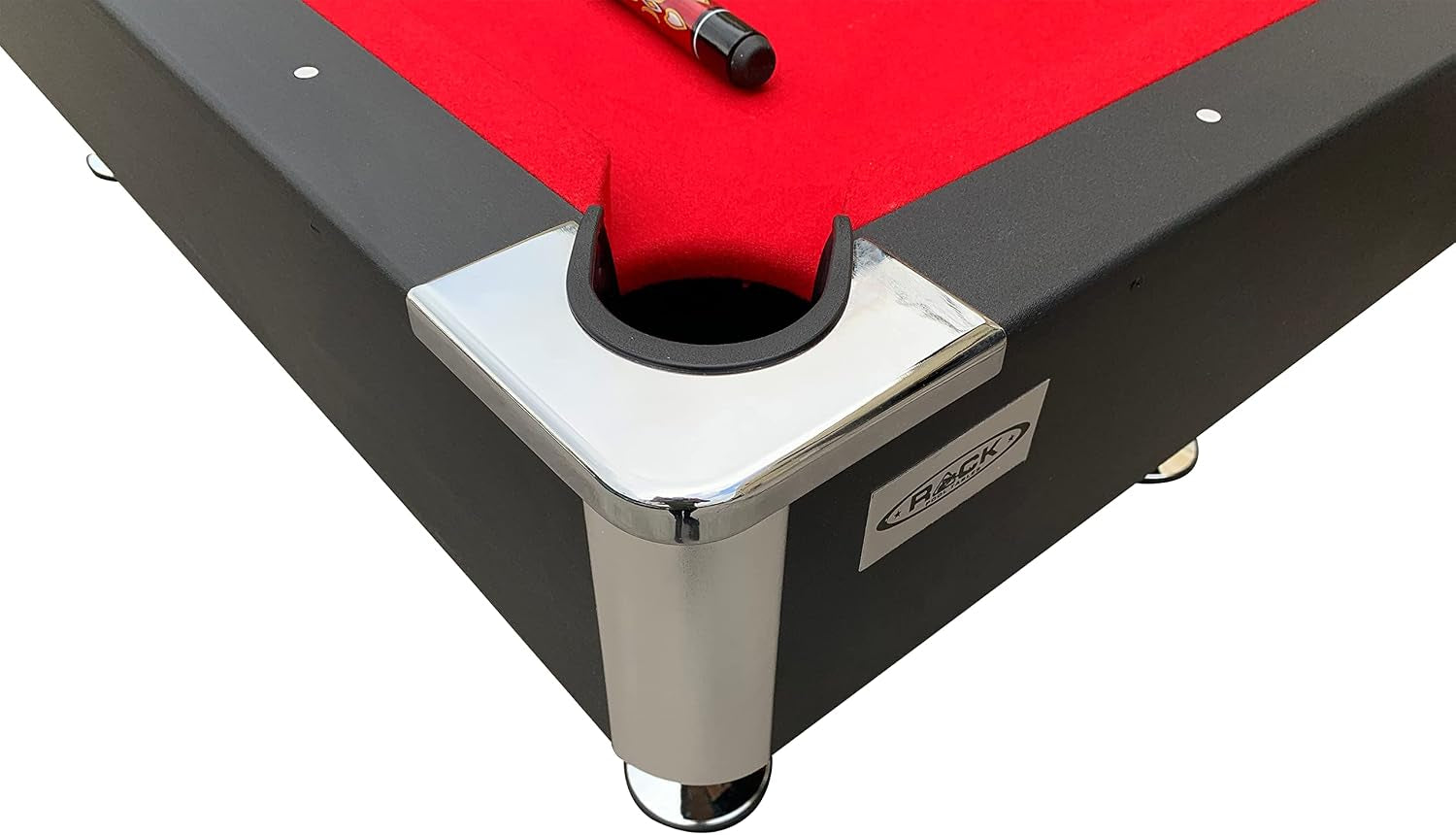 Close-up of corner pocket showing red felt, chrome corner cap, and bumper cushion detail.