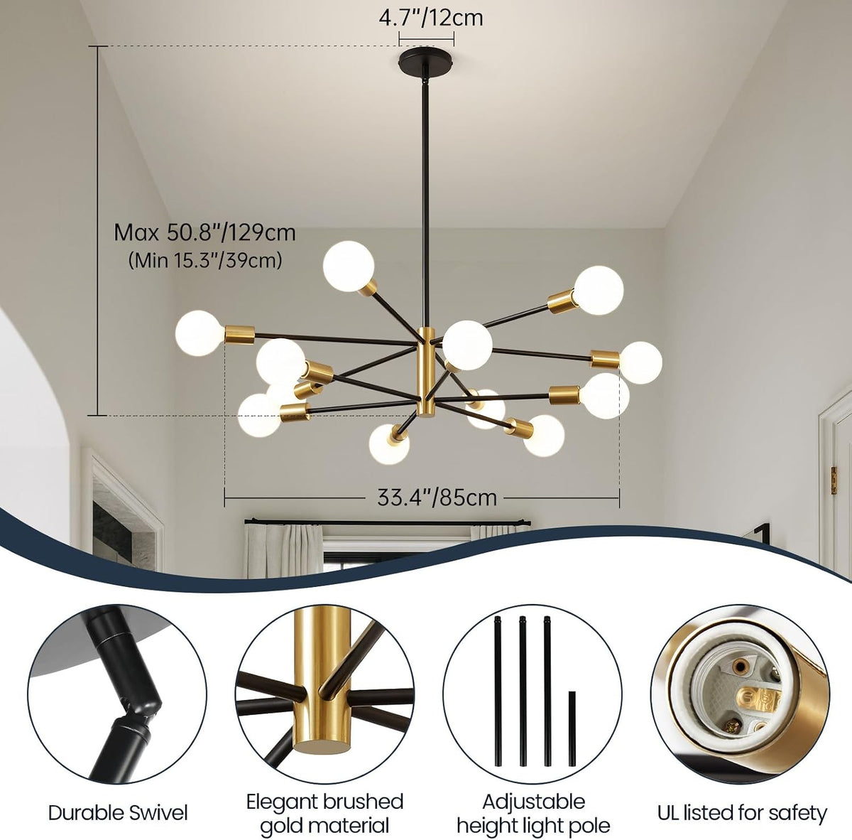 Splayed sputnik chandelier with dimension overlay and insets showing swivel joint, brushed gold detail, poles, and E26 socket