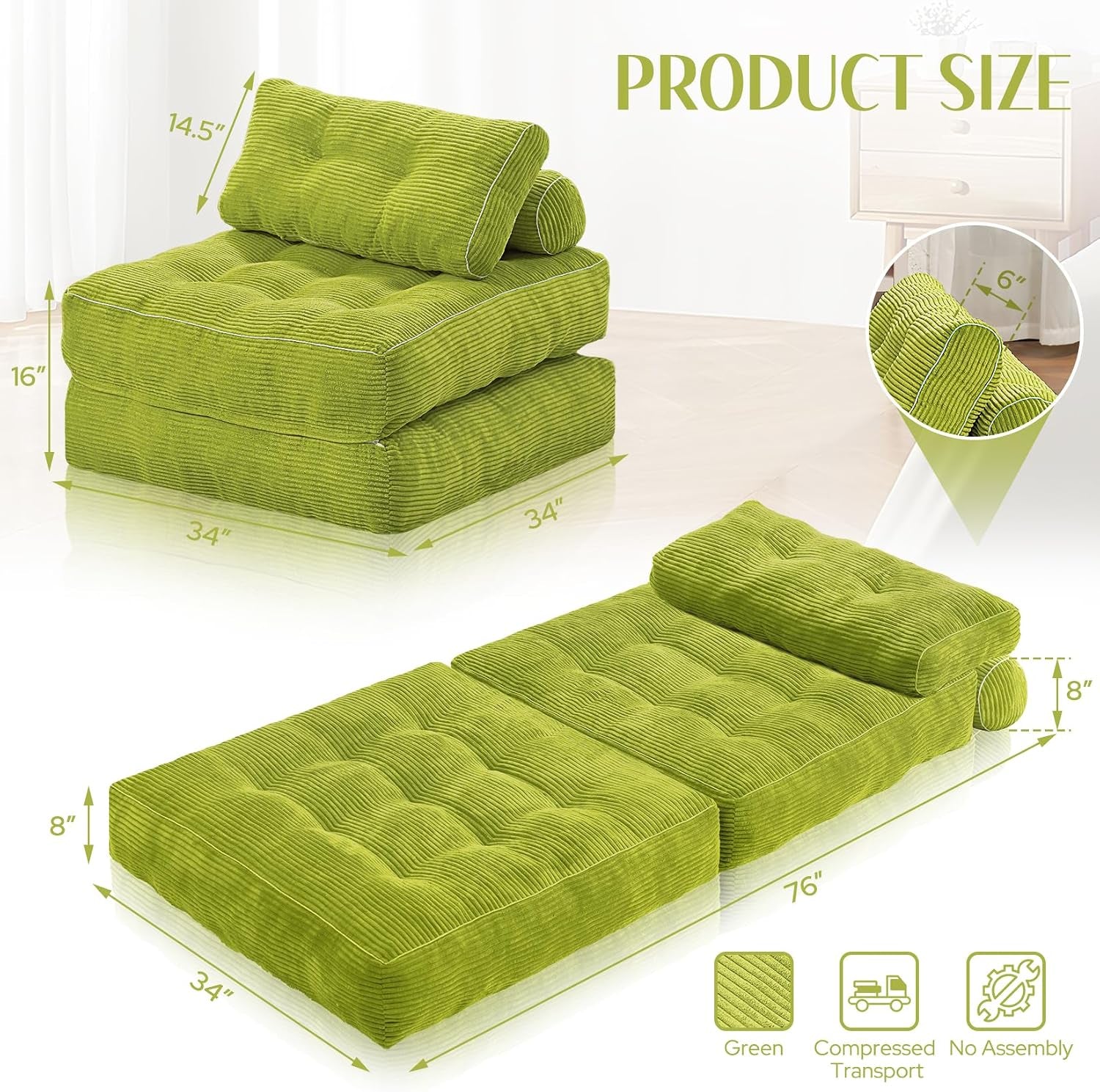 Graphic layout showing dimensions: two 34" panels and 76" unfolded bed with 8" thickness in green corduroy
