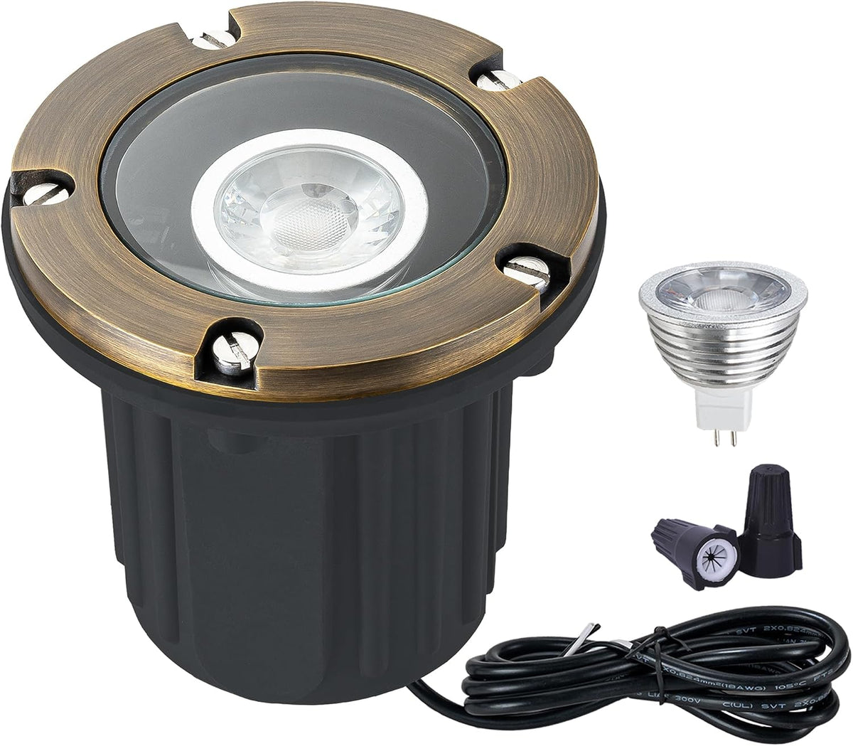 Antique bronze in-ground well light with MR16 bulb, cord and waterproof connectors on white background