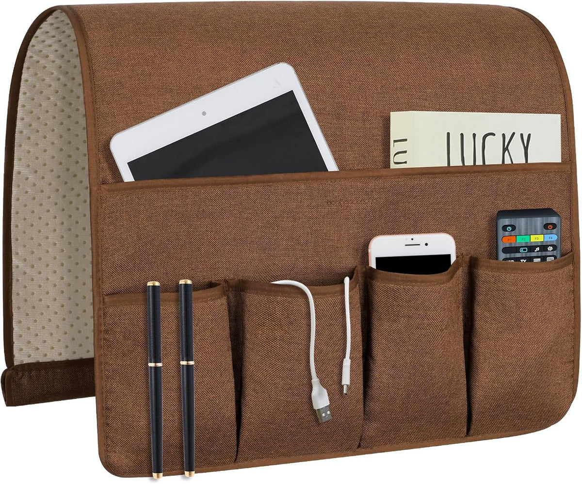 Brown linen-look organizer front with five pockets holding tablet, phone, pens and a charging cable.