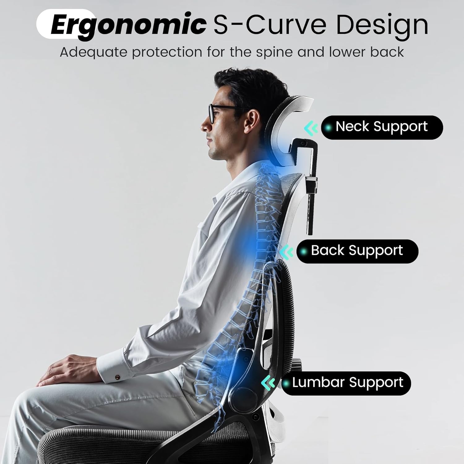 Side profile of a seated man showing S-curve alignment and highlighted neck, back and lumbar support.