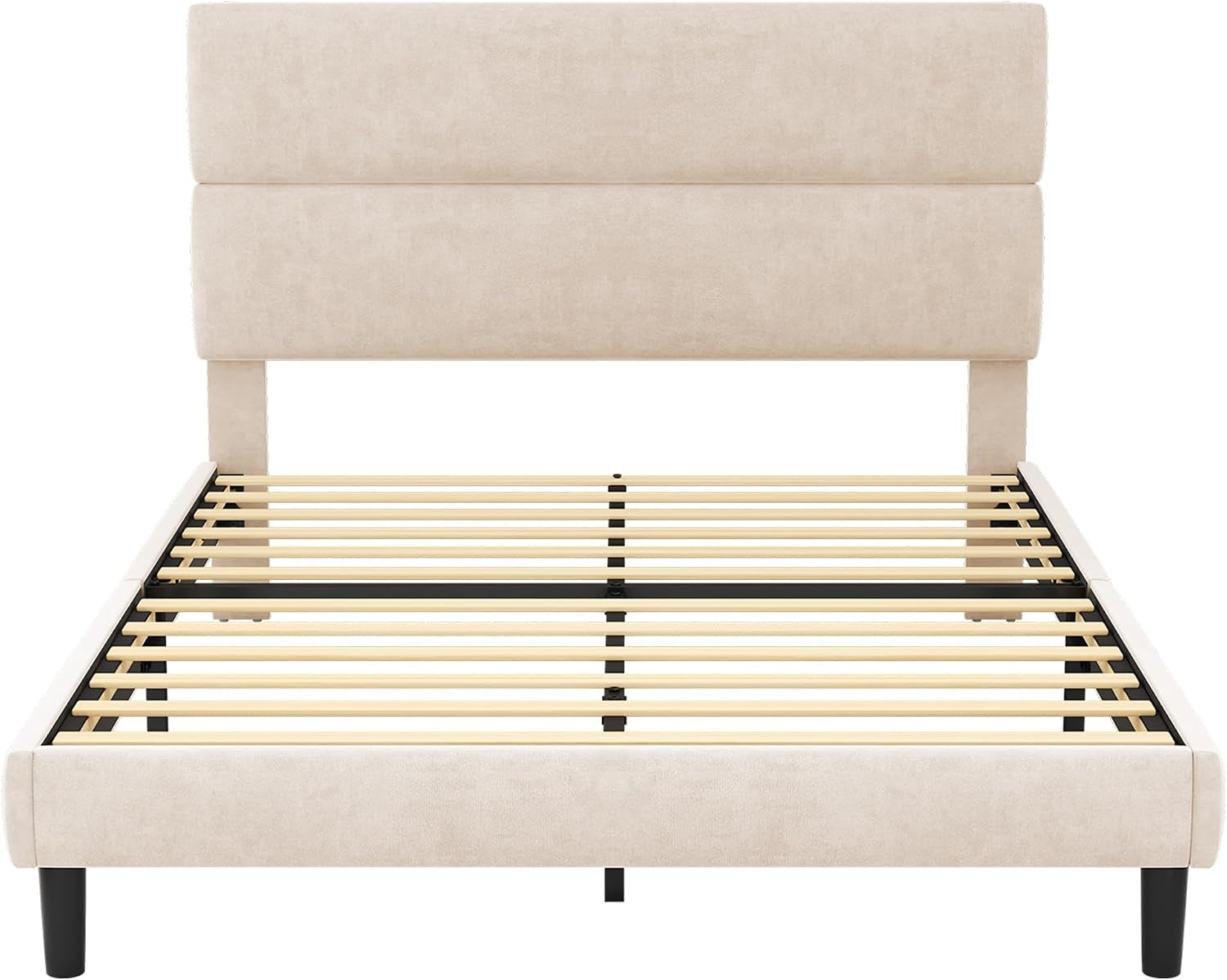 Standalone front view of the cream bed frame with exposed slats and black support rails.