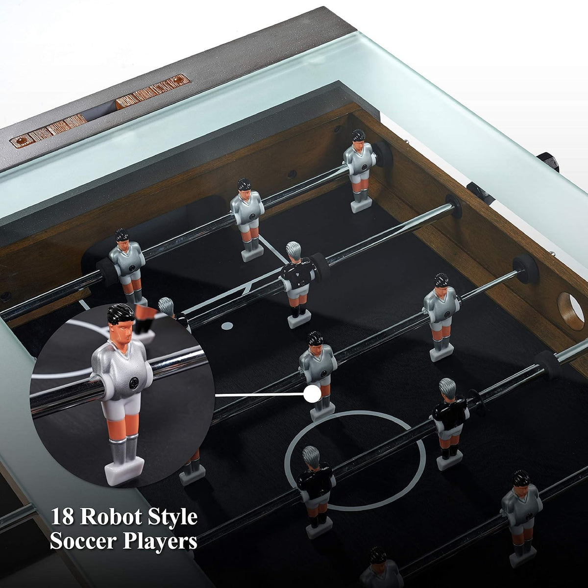 Close-up of black MDF playfield and robot-style player figures under the tempered glass