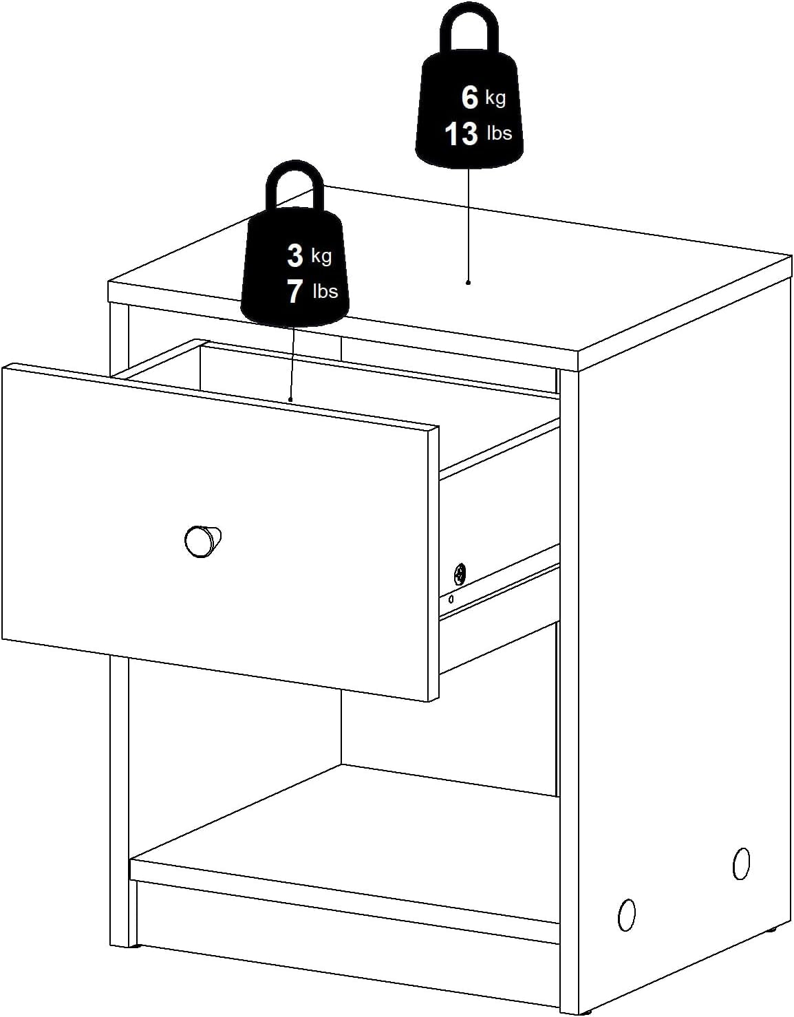 Line drawing of a nightstand with an open drawer showing weight limits for top surface and drawer