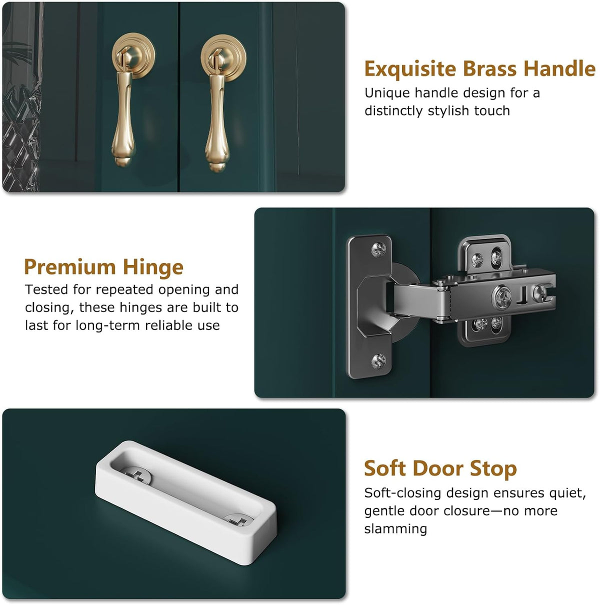 Close-up of brass teardrop-style handles and metal hinge hardware on the cabinet doors