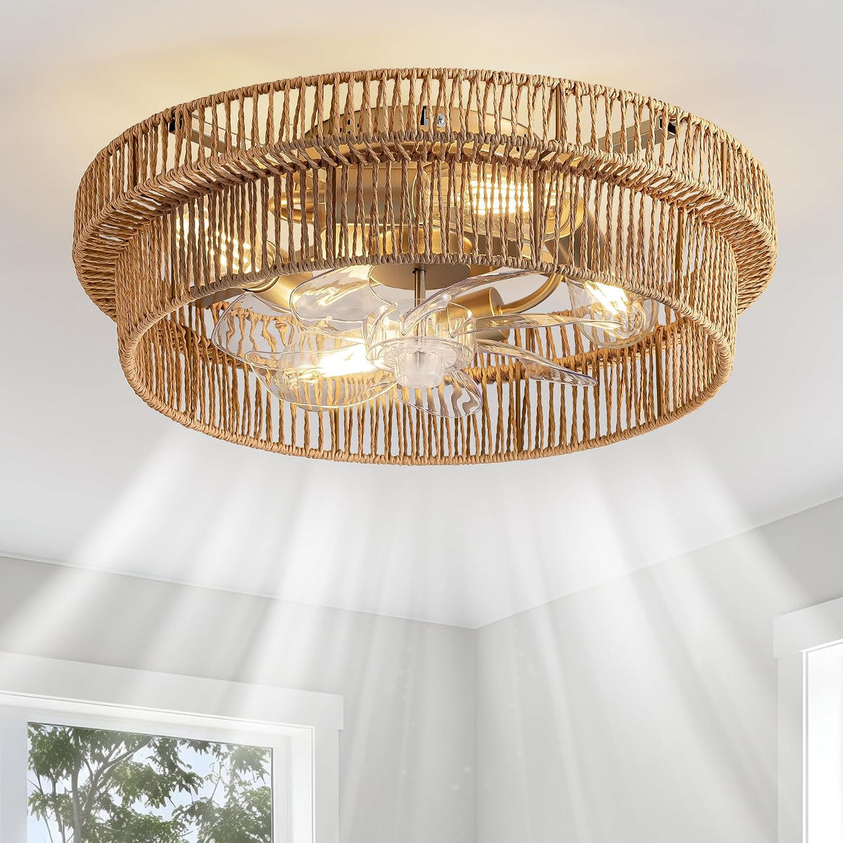 Natural rattan flush-mount ceiling fan underside angled view showing transparent blades and lit bulbs