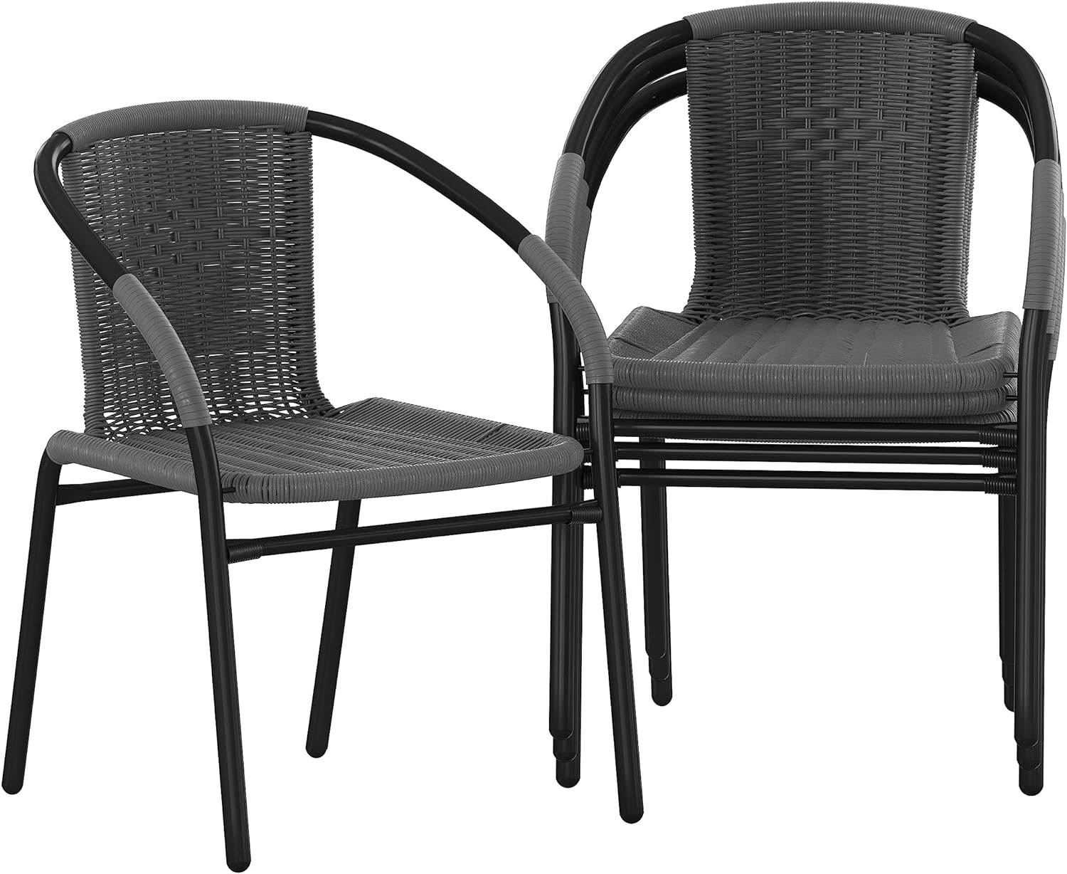 Two gray rattan chairs with black metal frames, one stacked into the other on a white background.