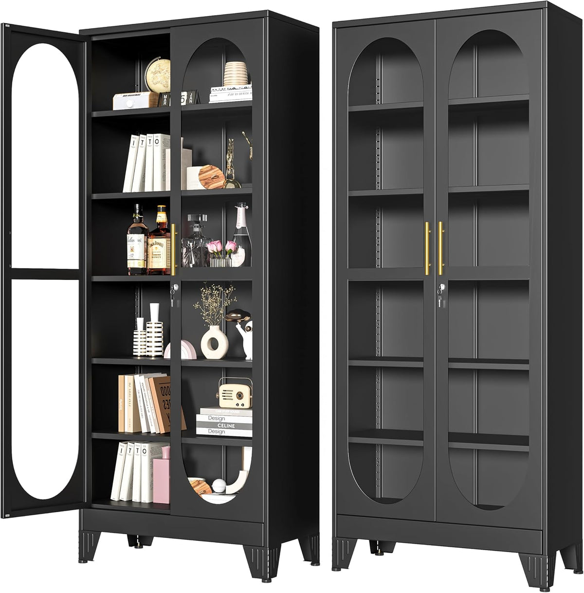 Two tall black display cabinets on white background; left door swung open showing styled shelves, right cabinet closed with
