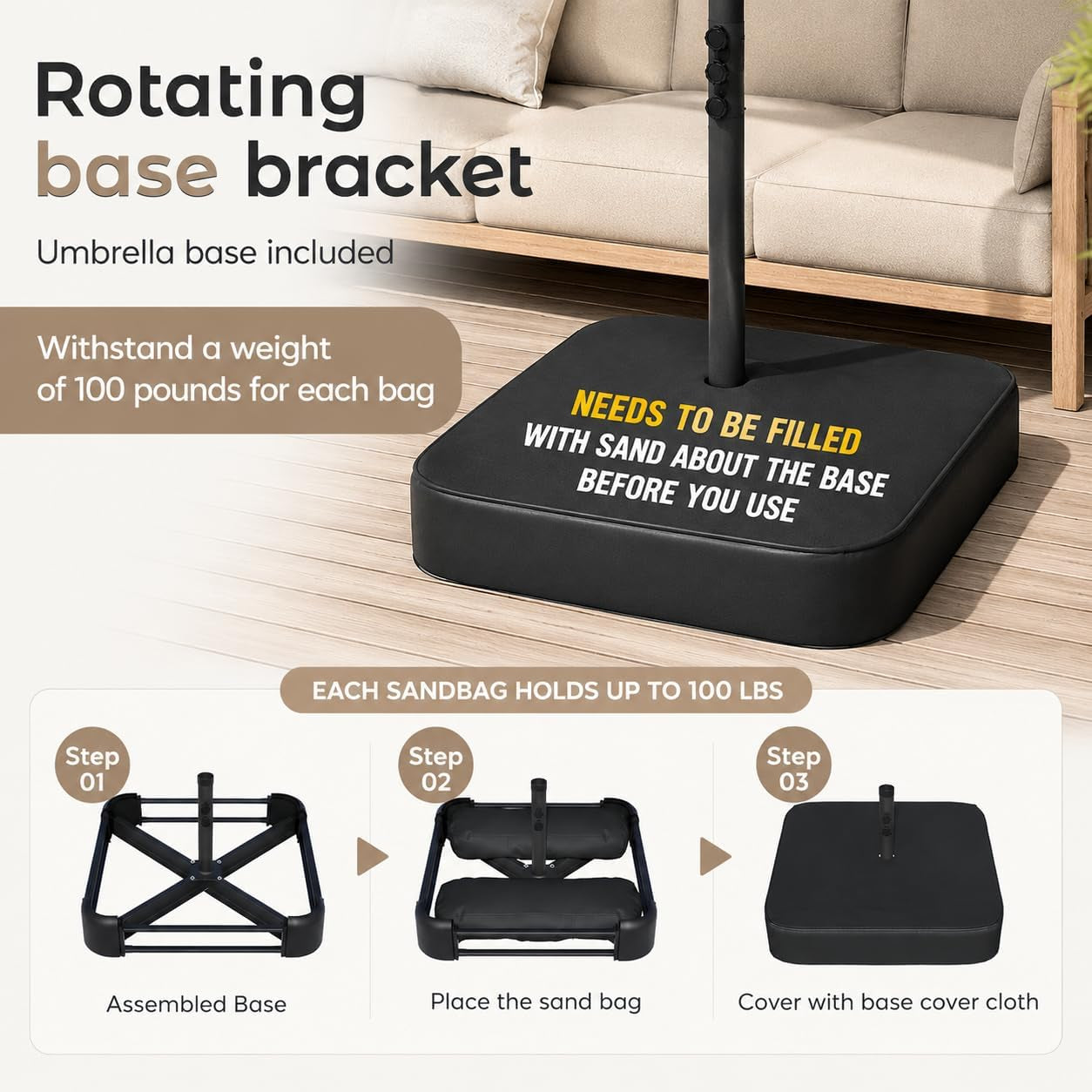 Close-up of black umbrella base cover with two sandbags shown and assembly steps graphic