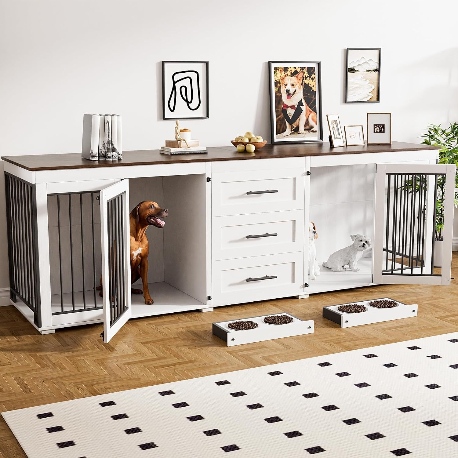 White double dog crate TV stand with brown tabletop, left door open showing brown dog inside and feeding trays on floor