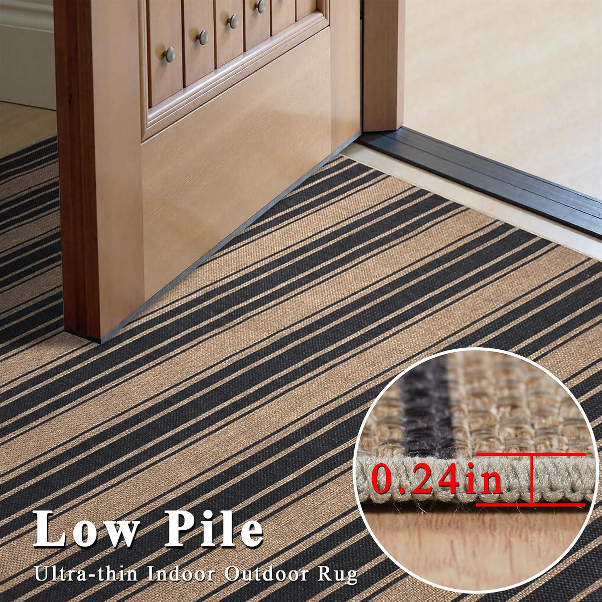 Low pile close-up of the striped rug at a doorway showing edge and 0.24in pile thickness