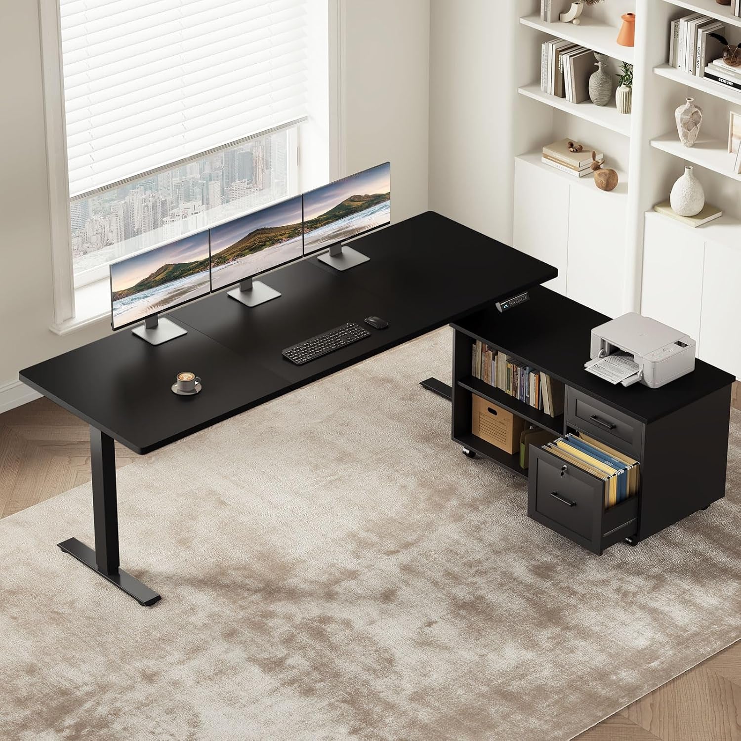 Overhead view of black height-adjustable L-desk and black mobile file cabinet with open hanging file drawer.