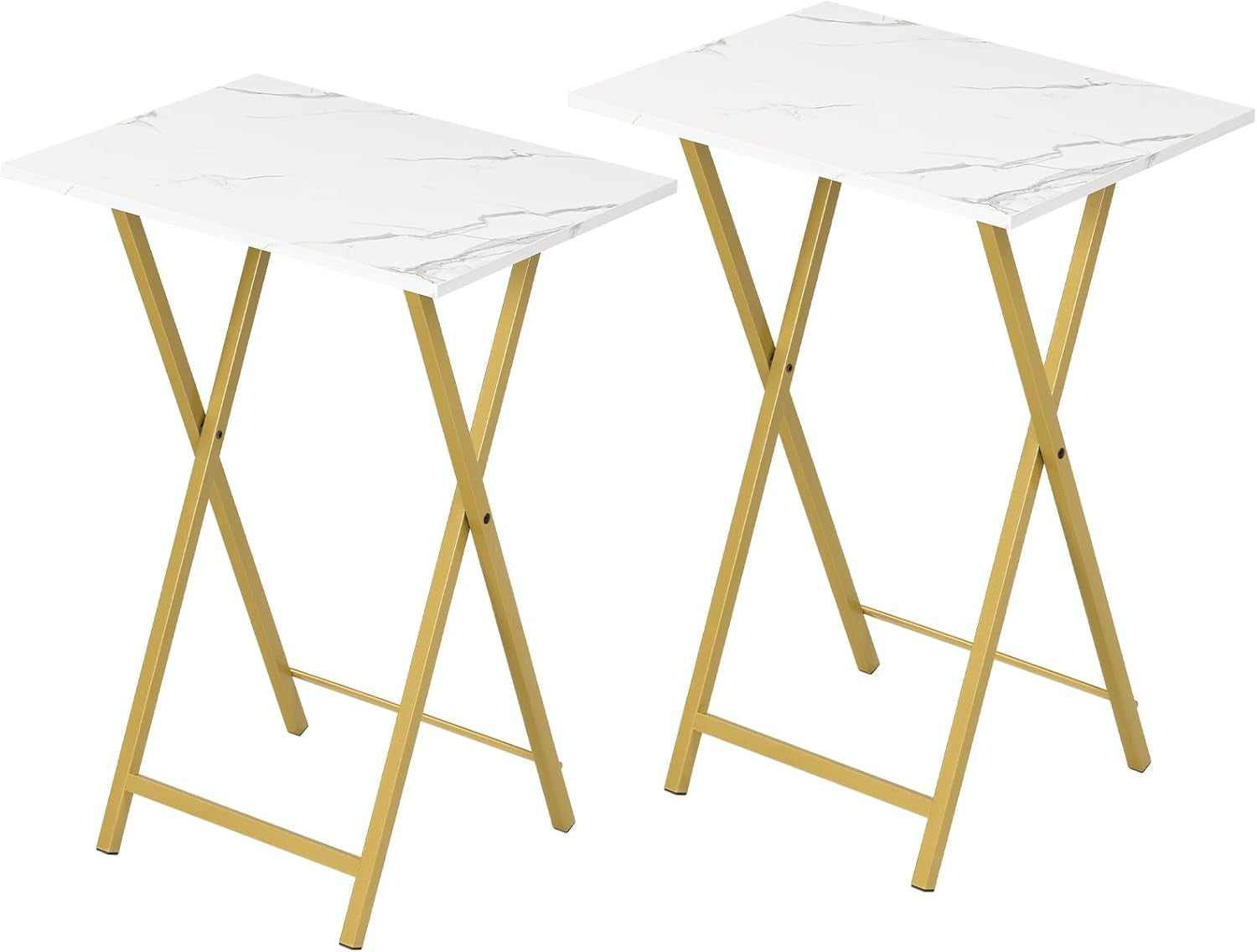 Set of two folding TV trays with white marble-pattern tops and gold metal X-frames