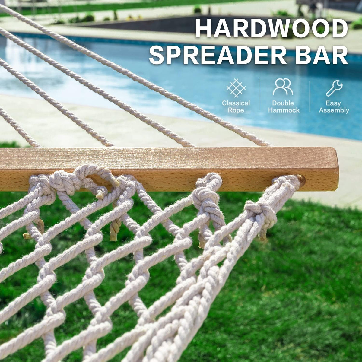Detailed close-up of hardwood spreader bar and handcrafted knots on a natural cotton-blend rope hammock