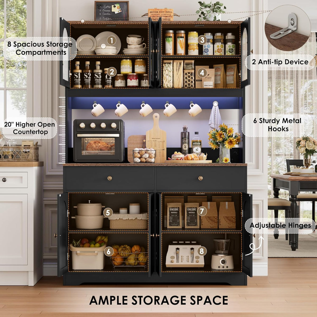 Front view of black hutch with open doors, numbered interior compartments and anti-tip bracket inset.